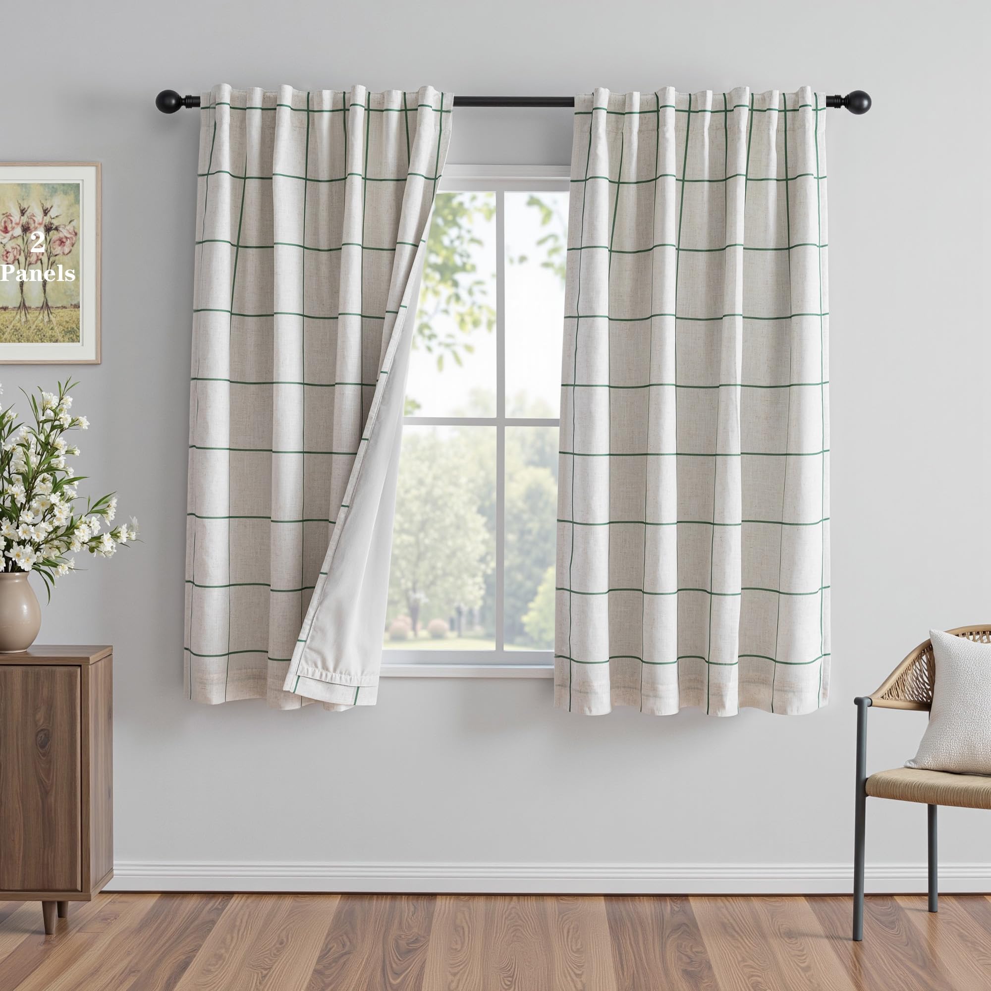 MYSKY HOME 100% Blackout Plaid Farmhouse Linen Curtains 84 Inch Long for Living Room Double Layer Windowpane Drapes Thermal Insulated Privacy Protection Rod Pocket Back Tab, 52" W, Black, 1 Panel