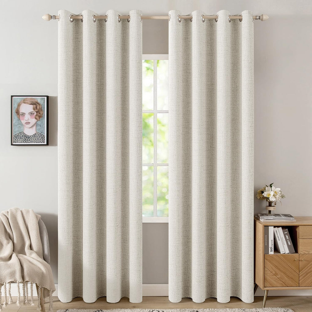 MIULEE 90 Inches Linen Textured Curtains for Bedroom 100% Blackout Thermal Insulated Natural Beige Grommet Room Darkening Curtains & Drapes Luxury Decor for Living Room Nursery 52 x 90 Inch (2 Panels)
