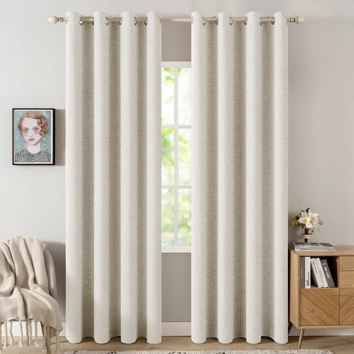 MIULEE 90 Inches Linen Textured Curtains for Bedroom 100% Blackout Thermal Insulated Natural Beige Grommet Room Darkening Curtains & Drapes Luxury Decor for Living Room Nursery 52 x 90 Inch (2 Panels)