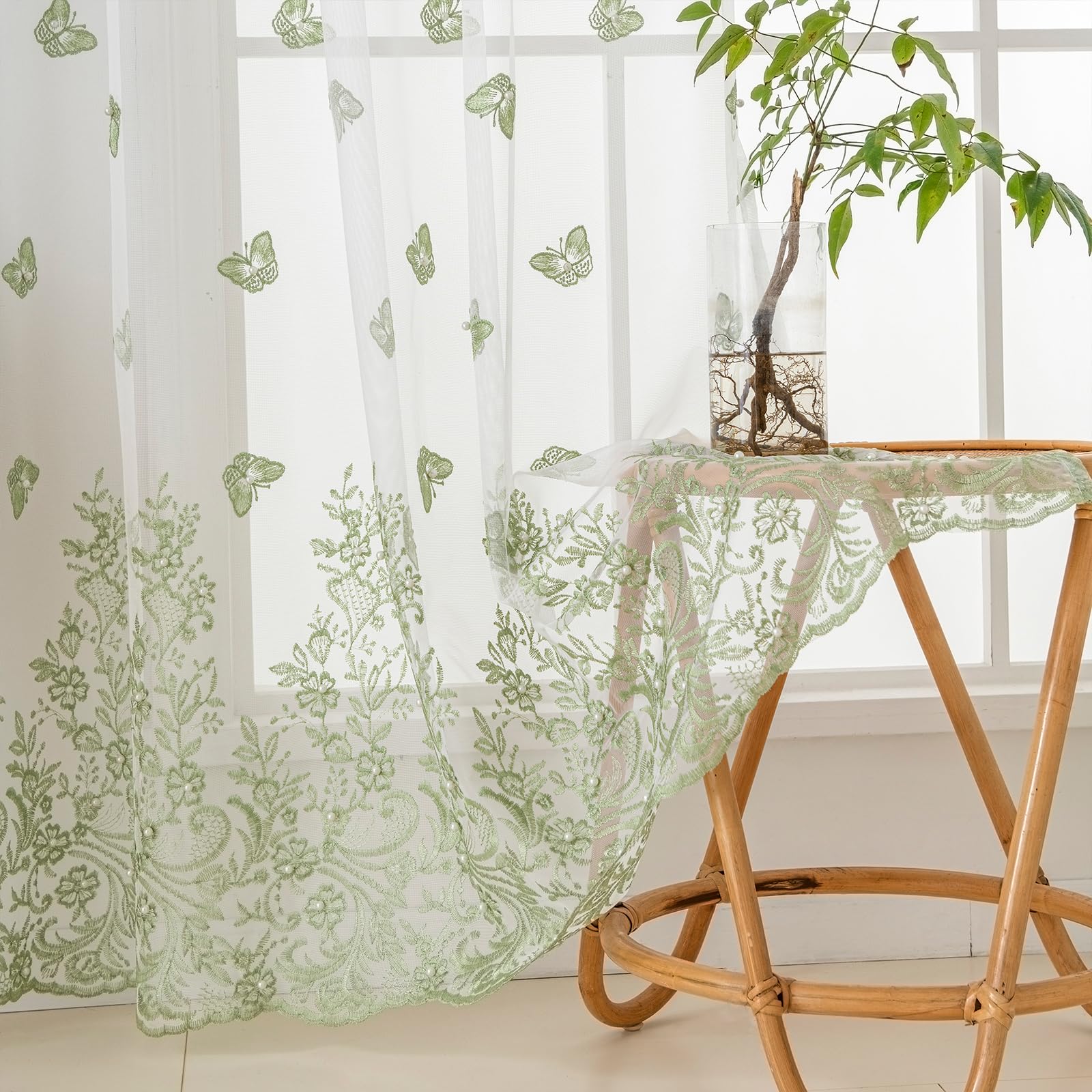 VISIONTEX Sheer Curtains 84 Inches Long 2 Panels Set Cream Beige Embroidered Floral Leaf Pattern Rod Pocket Semi Sheer Voile Window Curtains/Drapes for Bedroom Living Room 54 x 84 Inches