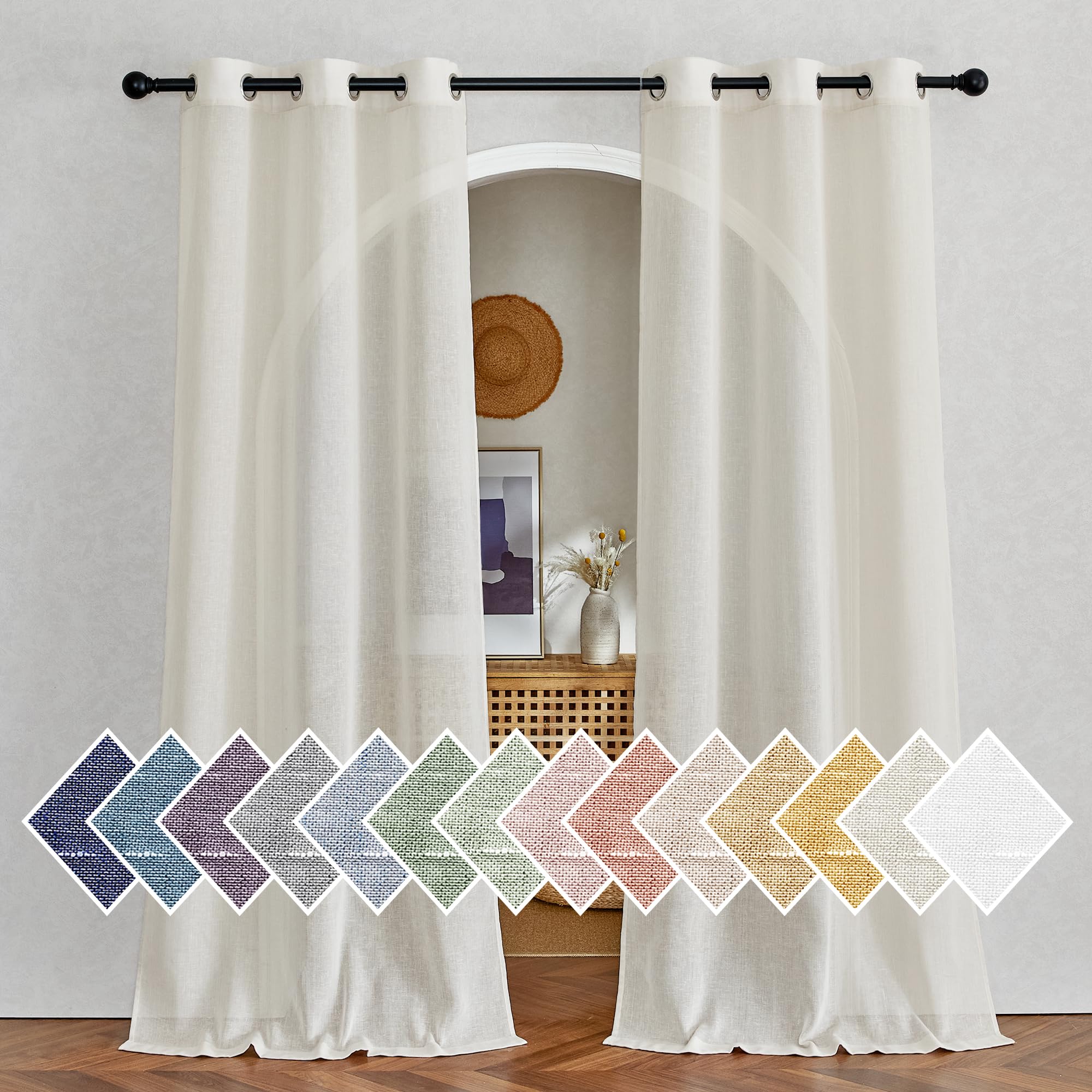 NICETOWN Semi Sheer Beige Curtains 84 inches Long, Grommet Retro Linen Curtains Window Treatments Vertical Drapes Privacy with Light Filter for Living Room, W52 x L84, 2 Panels