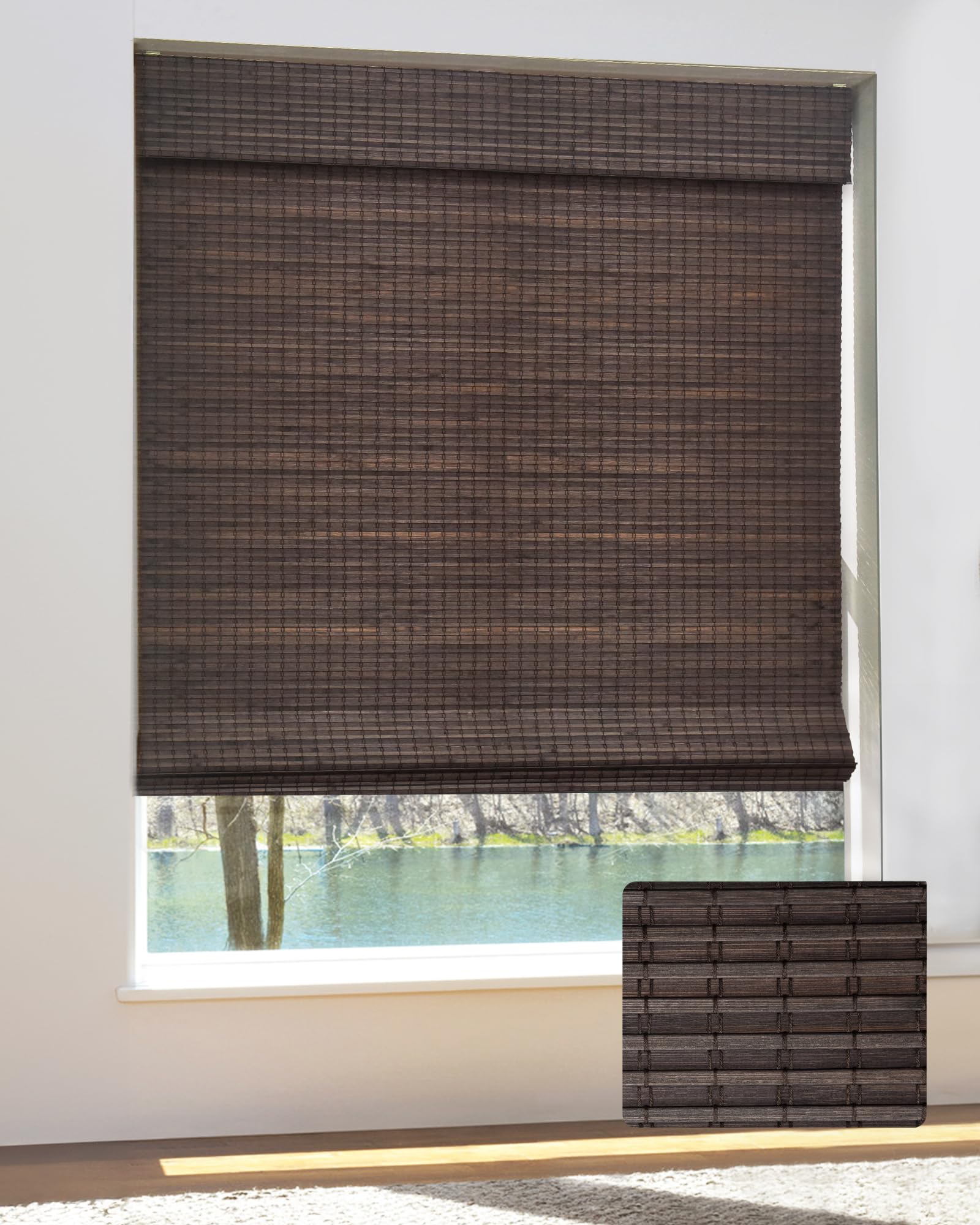 UNISHADES Cordless Bamboo Roman Shades for Windows, Blinds Size (26.5" W ×48" H) Colour (Highfield Teak)