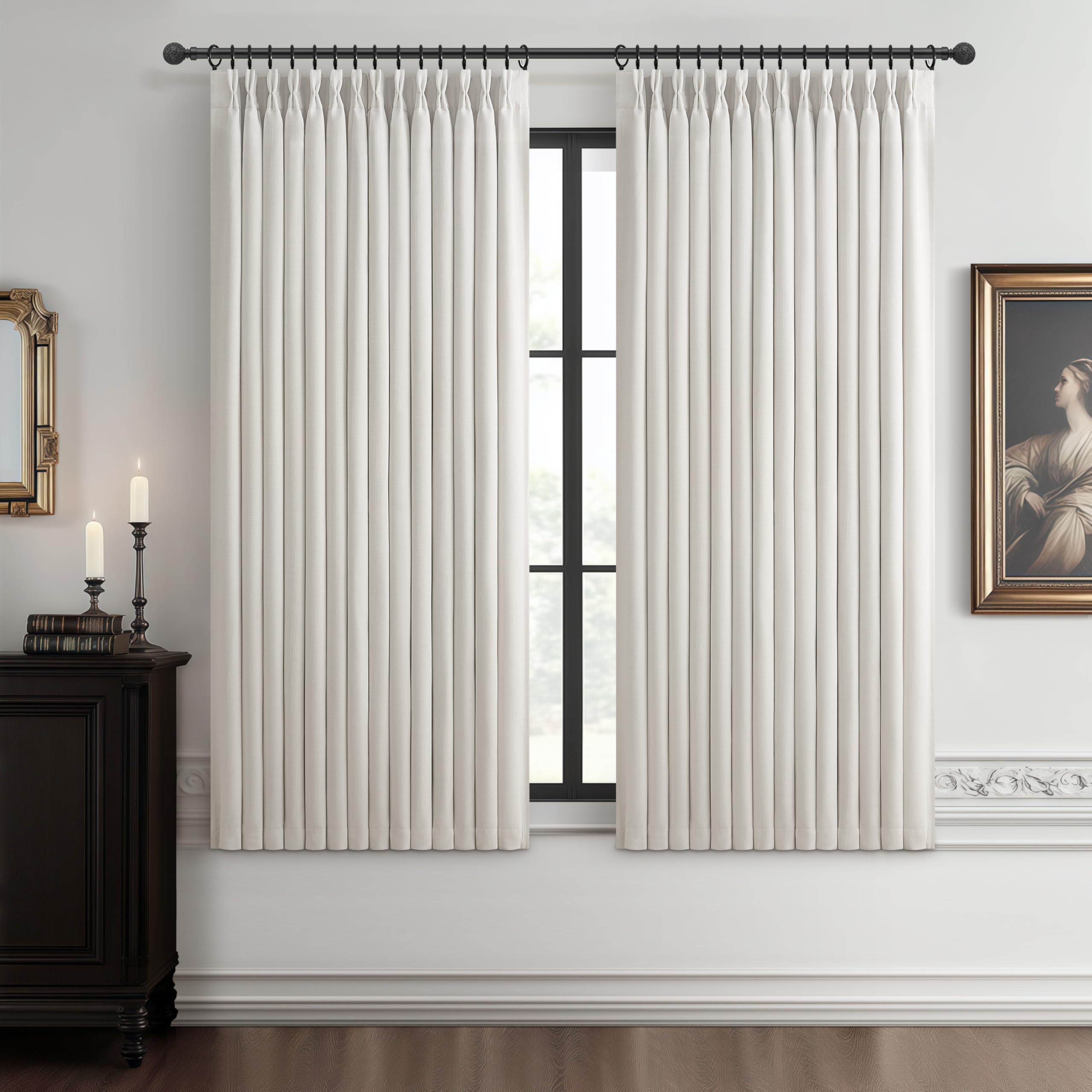 100% Blackout Linen 96 Inch Curtains 2 Panel Set for Bedroom, Modern Pinch Pleated Natural Linen Off Beige White Insulated Heavy Curtain 40 x 96 Inches Length Sliding Glass Door Room Darkening Drapes