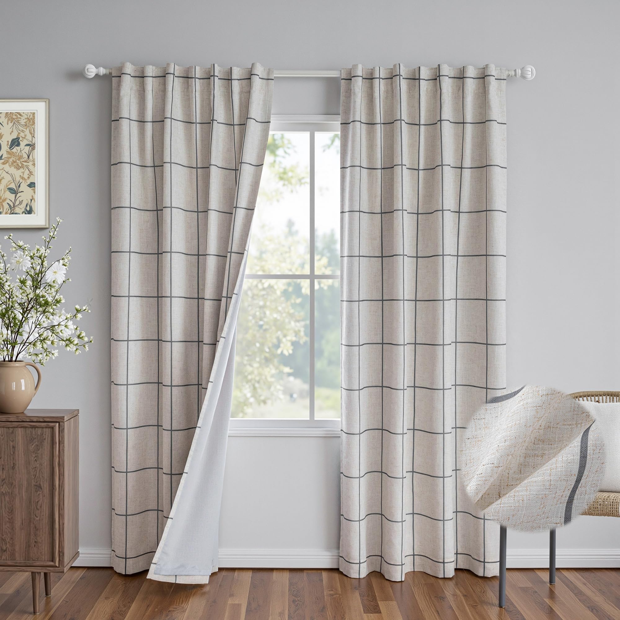 MYSKY HOME 100% Blackout Plaid Farmhouse Linen Curtains 84 Inch Long for Living Room Double Layer Windowpane Drapes Thermal Insulated Privacy Protection Rod Pocket Back Tab, 52" W, Black, 1 Panel