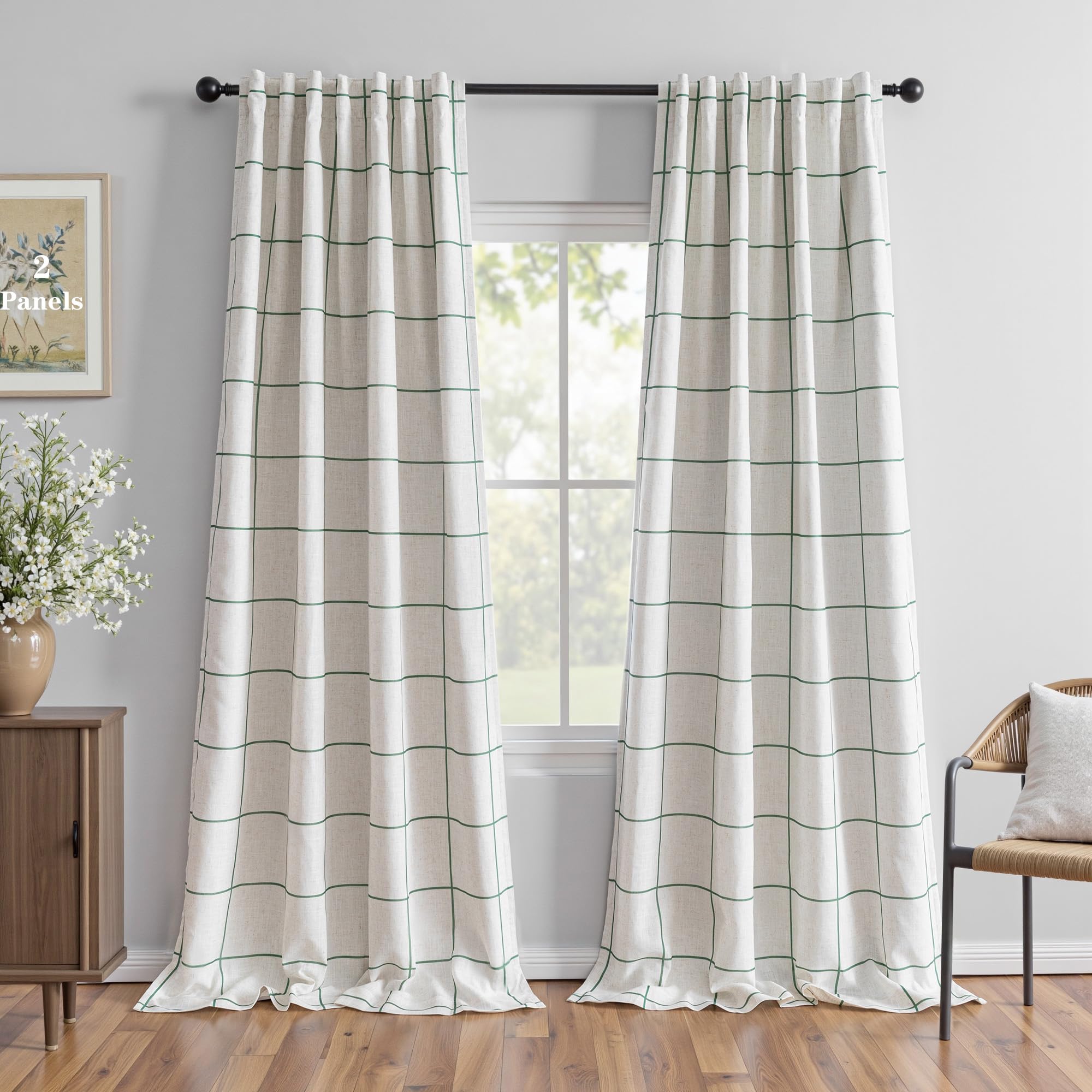 MYSKY HOME 100% Blackout Plaid Farmhouse Linen Curtains 84 Inch Long for Living Room Double Layer Windowpane Drapes Thermal Insulated Privacy Protection Rod Pocket Back Tab, 52" W, Black, 1 Panel
