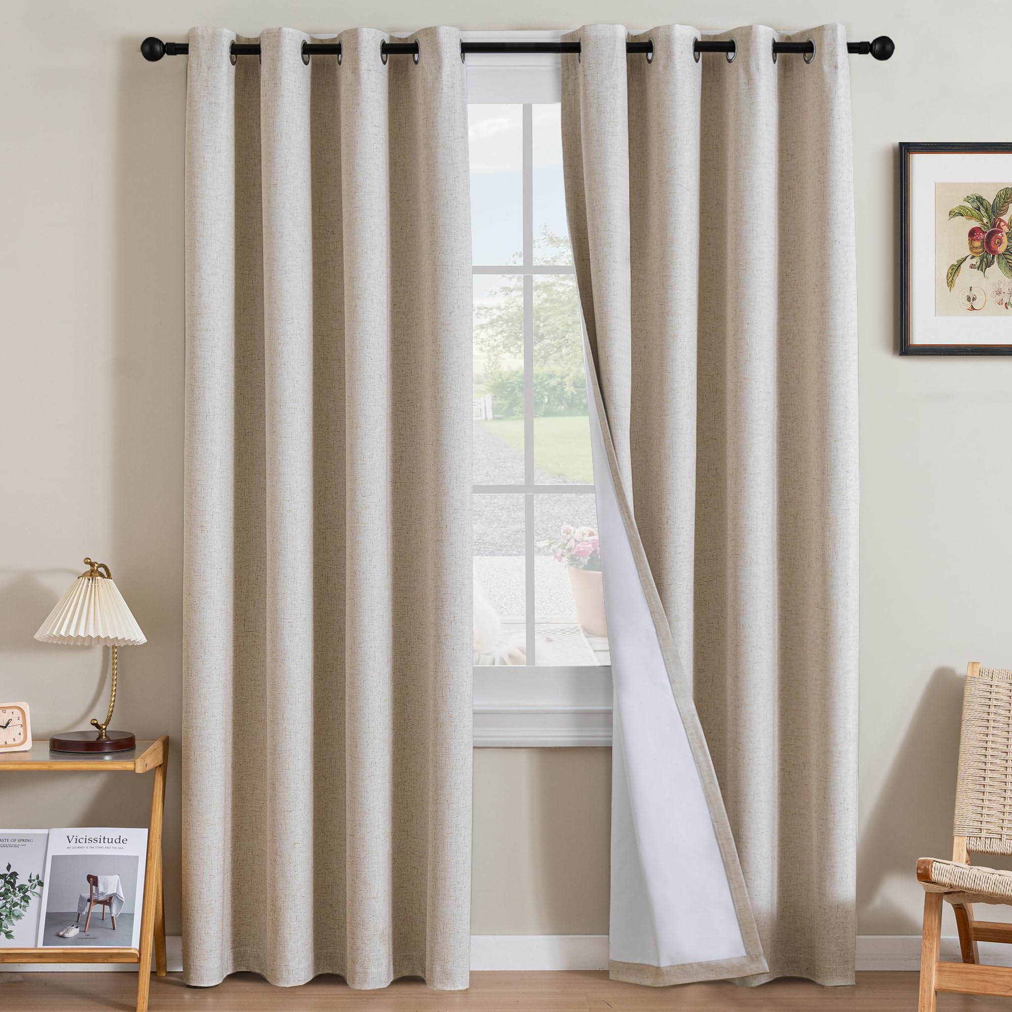 H.VERSAILTEX Linen 100% Blackout Curtains for Bedroom Full Light Blocking Curtains, Textured Window Curtain for Living Room 84 inch Grommet, Energy Efficient Curtains White Liner(2 Panels, Natural)