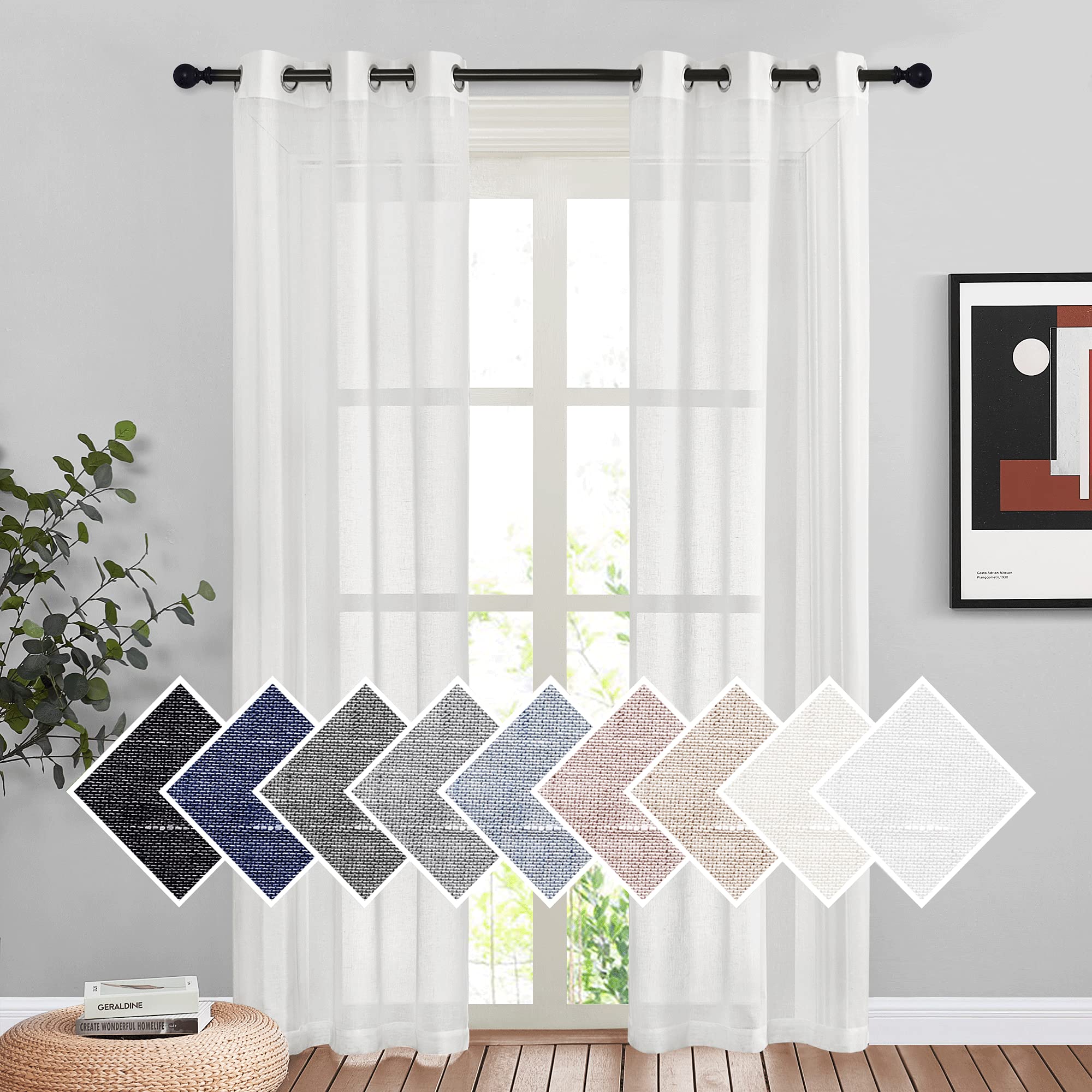 NICETOWN Semi Sheer Beige Curtains 84 inches Long, Grommet Retro Linen Curtains Window Treatments Vertical Drapes Privacy with Light Filter for Living Room, W52 x L84, 2 Panels
