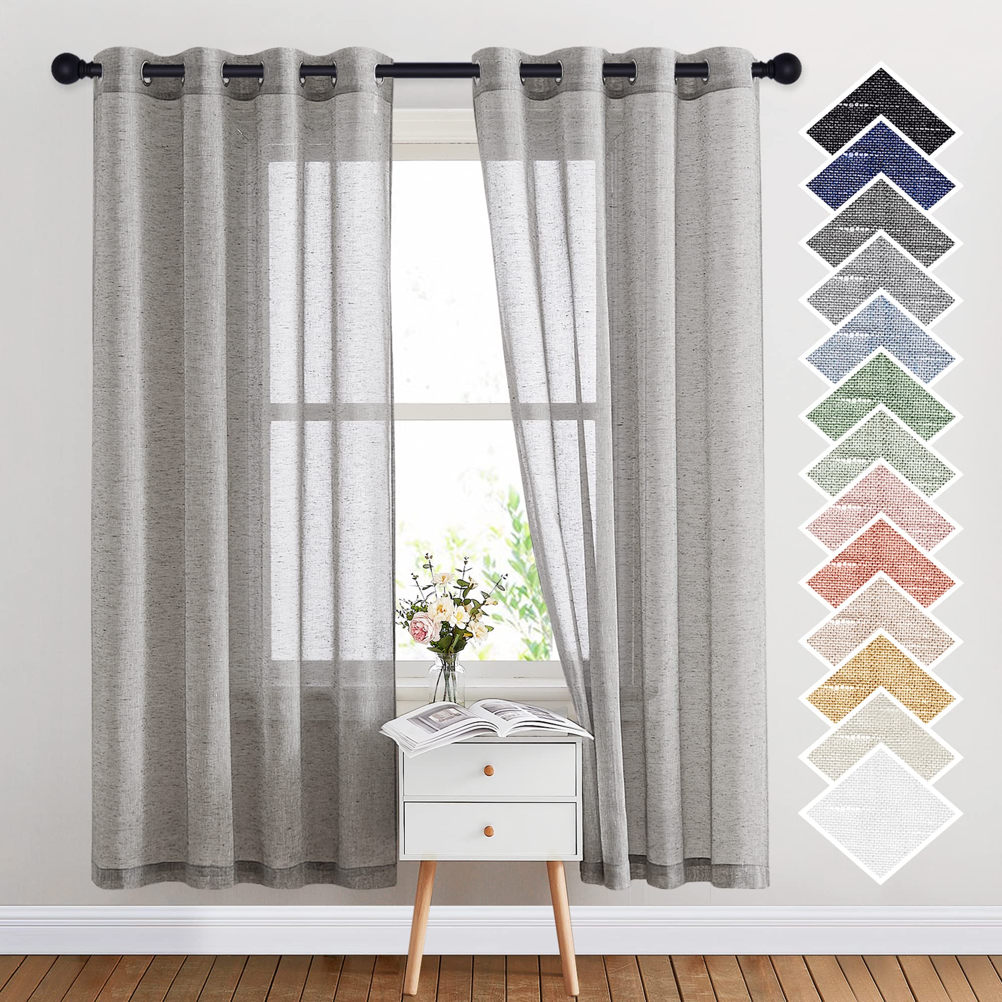 NICETOWN Semi Sheer Beige Curtains 84 inches Long, Grommet Retro Linen Curtains Window Treatments Vertical Drapes Privacy with Light Filter for Living Room, W52 x L84, 2 Panels