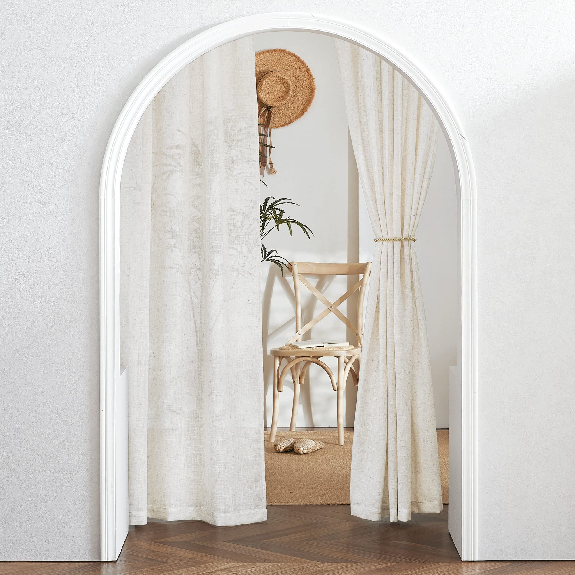 RYB HOME White Sheer Curtains Linen Texture Window Panels, Semi Sheer Light Filetring Rod Pocket & Back Tab Drapes for Bedroom, 52 x 84 inches, Pack of 2