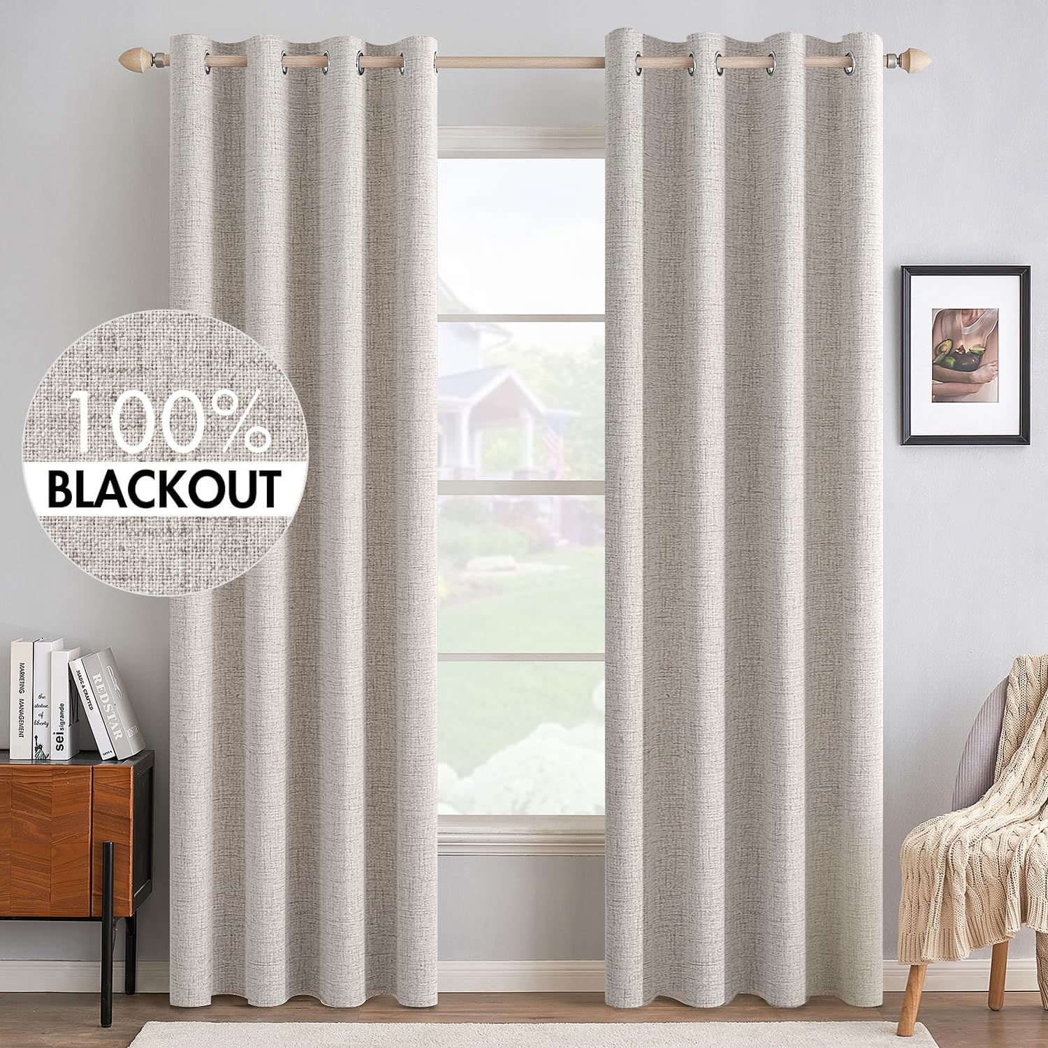 MIULEE 90 Inches Linen Textured Curtains for Bedroom 100% Blackout Thermal Insulated Natural Beige Grommet Room Darkening Curtains & Drapes Luxury Decor for Living Room Nursery 52 x 90 Inch (2 Panels)