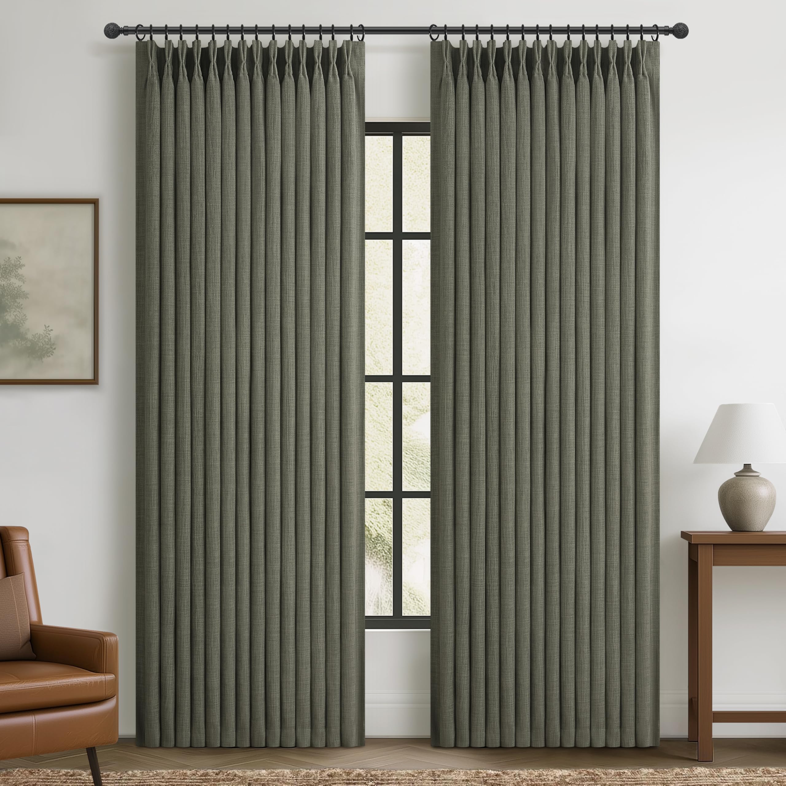 100% Blackout Linen 96 Inch Curtains 2 Panel Set for Bedroom, Modern Pinch Pleated Natural Linen Off Beige White Insulated Heavy Curtain 40 x 96 Inches Length Sliding Glass Door Room Darkening Drapes