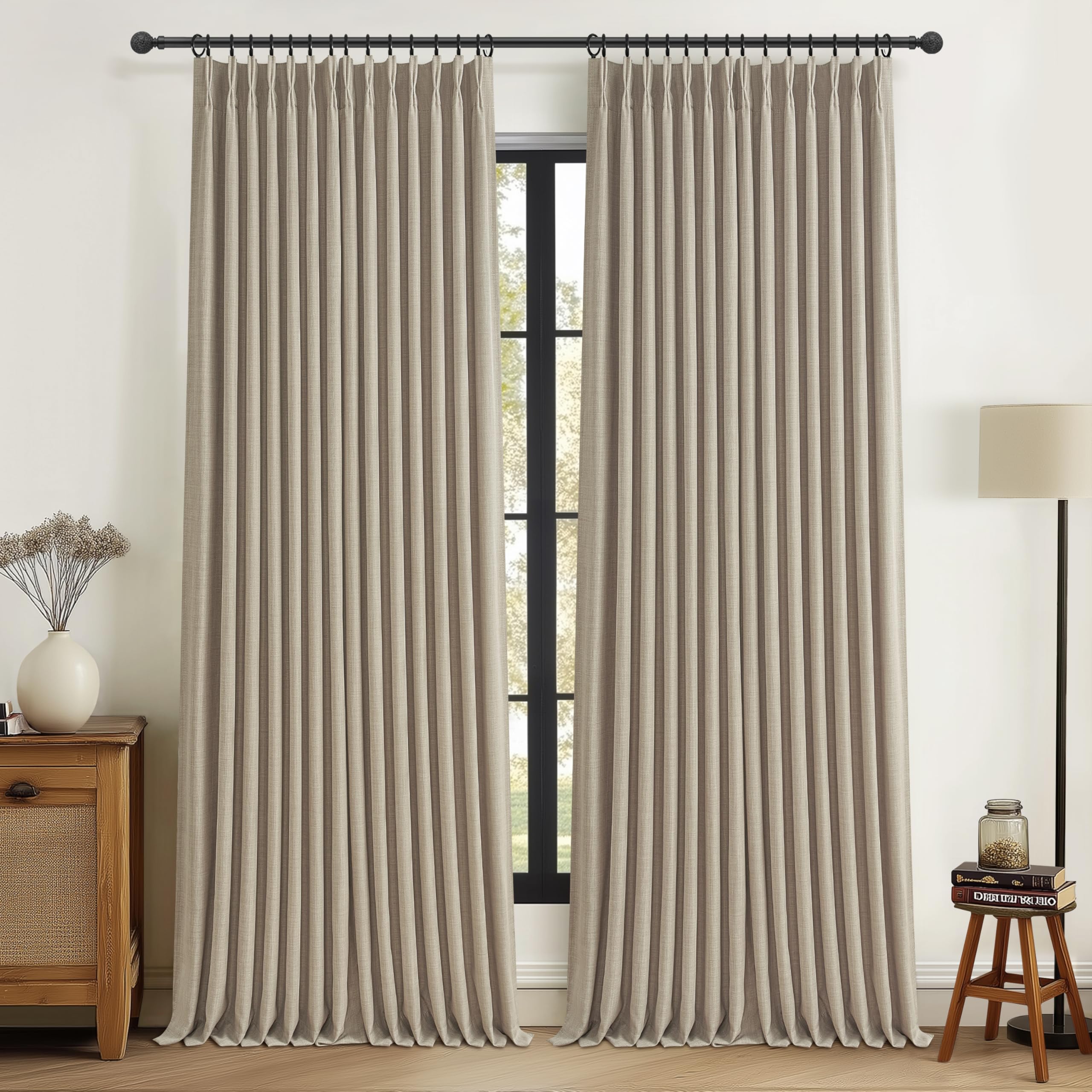 100% Blackout Linen 96 Inch Curtains 2 Panel Set for Bedroom, Modern Pinch Pleated Natural Linen Off Beige White Insulated Heavy Curtain 40 x 96 Inches Length Sliding Glass Door Room Darkening Drapes