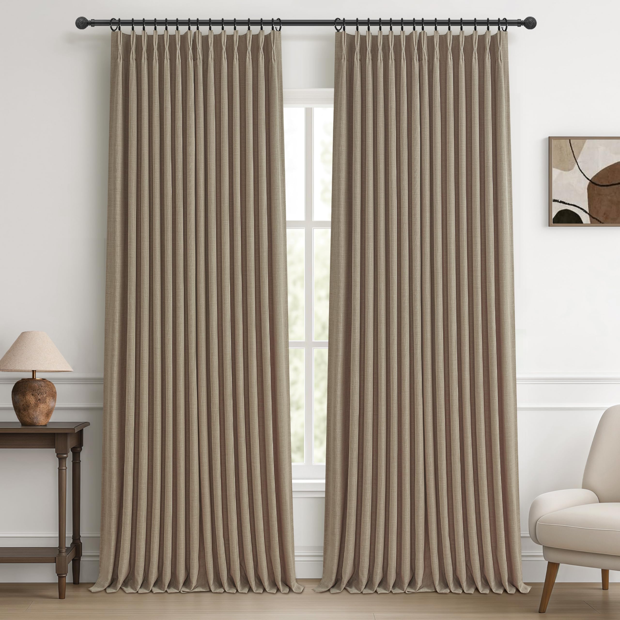 100% Blackout Linen 96 Inch Curtains 2 Panel Set for Bedroom, Modern Pinch Pleated Natural Linen Off Beige White Insulated Heavy Curtain 40 x 96 Inches Length Sliding Glass Door Room Darkening Drapes