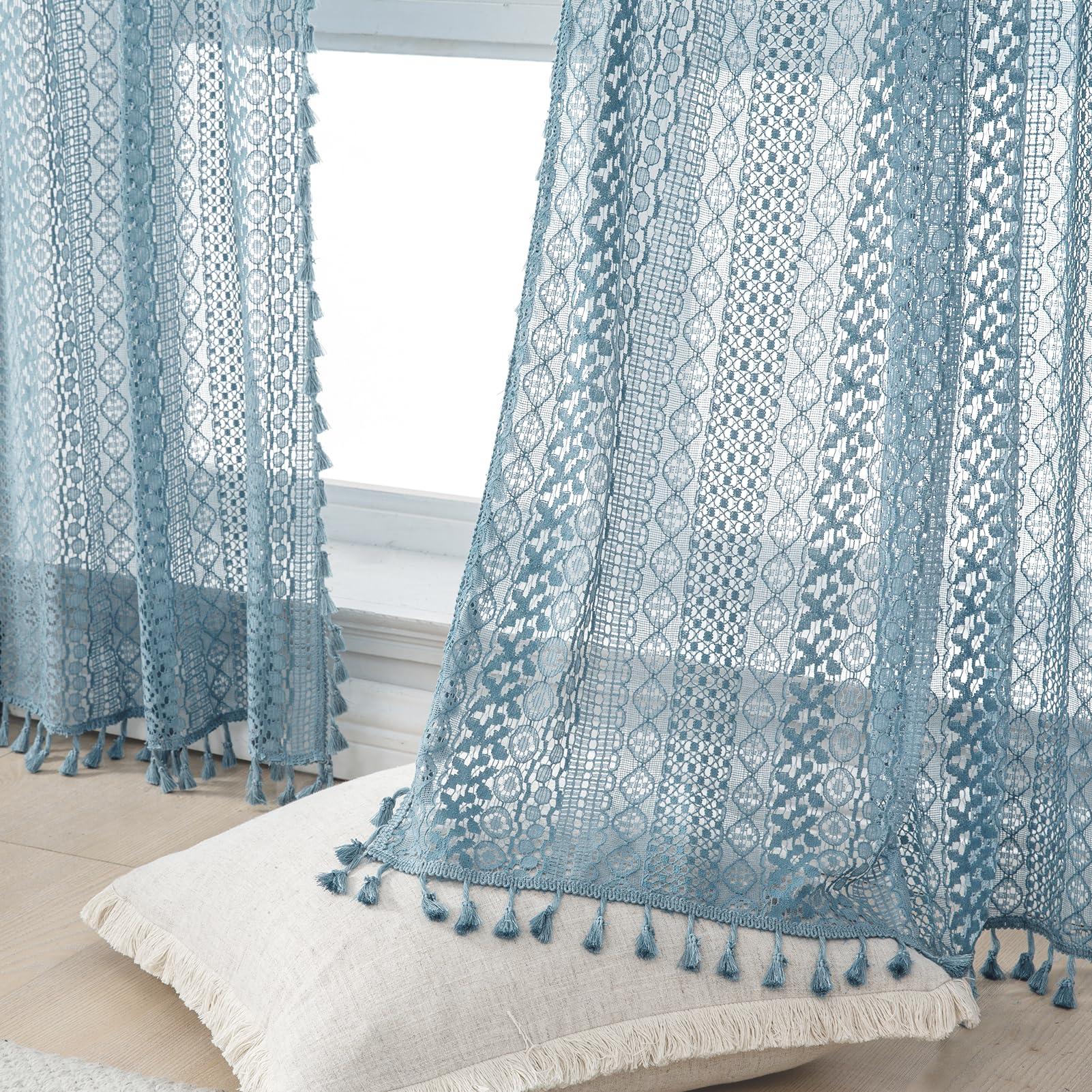 WAZZIO Boho Crochet Curtains for Living Room Lace Curtains 84 Inches Long 2 Panel, Rod Pocket Vintage Tassel Bohemian Decor Geometry Striped Light Filtering Semi Sheer Curtain Drapes for Bedroom,Beige