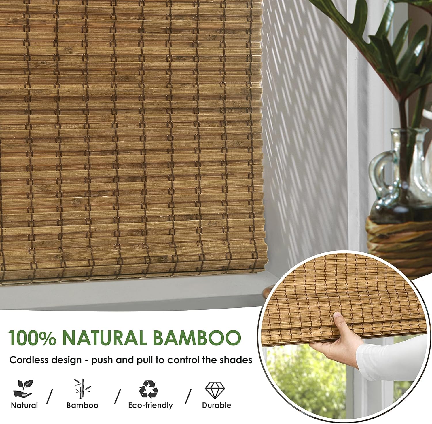 LazBlinds Cordless Bamboo Roman Shades, Privacy Blinds for Interior Windows, Room Darkening Roll Up Bamboo Blinds for Home & Patio, 27.5" W x 64" H, Highfield Teak