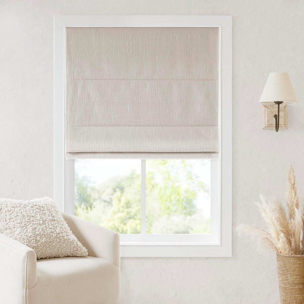 Madison Park Cordless Roman Shades, Blackout Window Blind Privacy Window Shades, Thermal Insulated Cordless Window Treatment for Bedroom, Living Room, Quincy, Single Panel 31" W X 64" H Linen