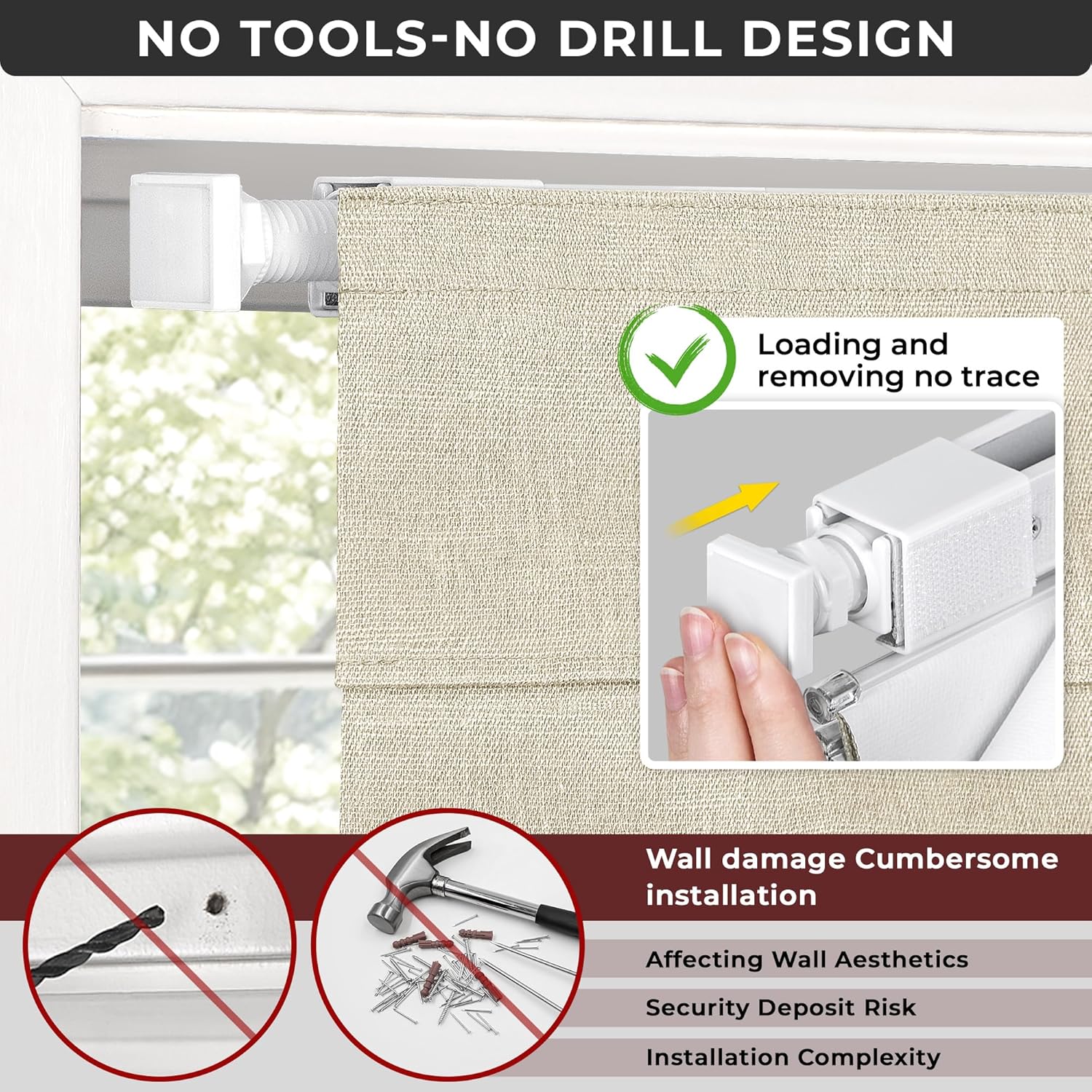 UNISHADES 100% Blackout No Tools No Drill Cordless Roman Shades for Windows, Size 34 1/4" W × 72" H (for Windows 34.5" W × 72" H) Blackout - Beige