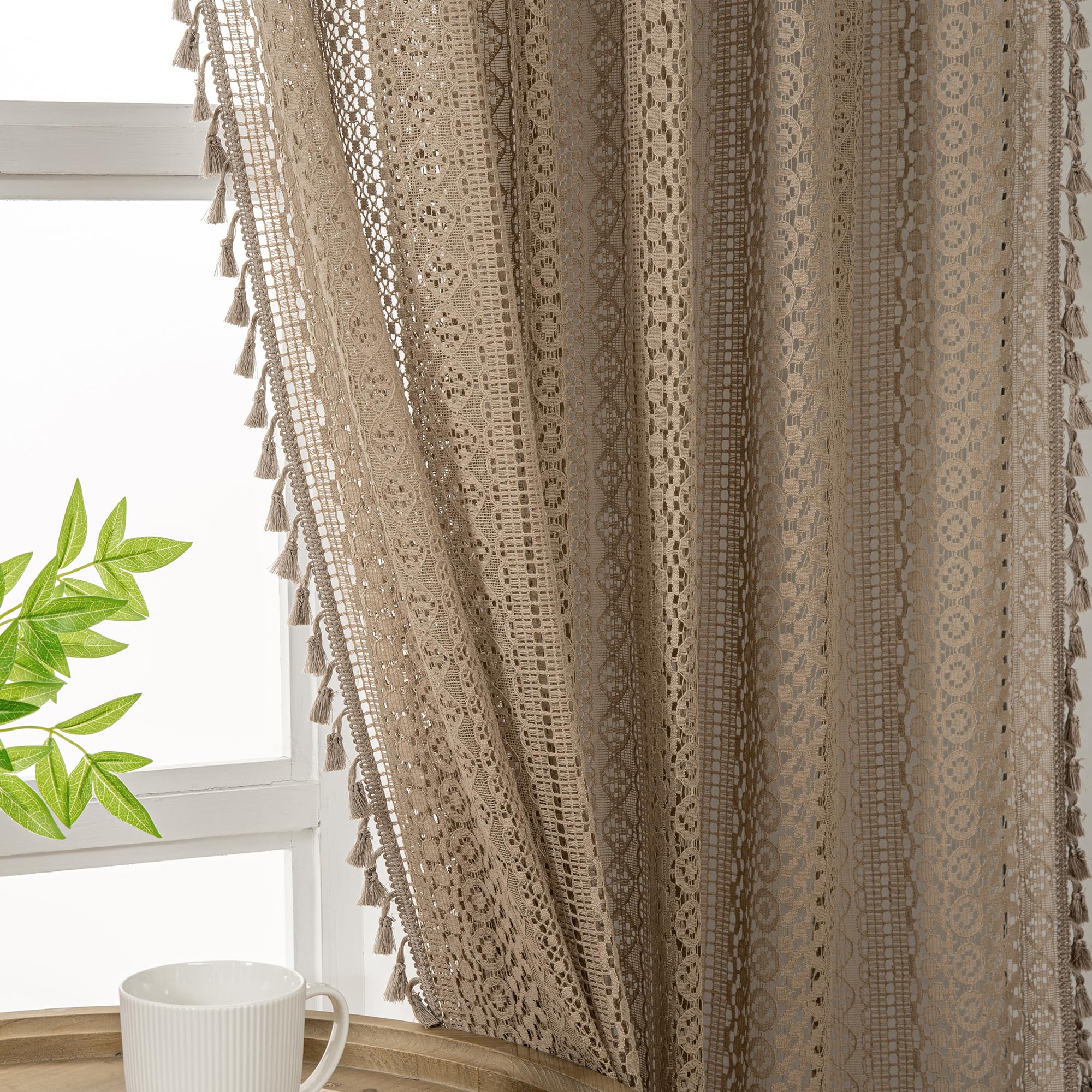 WAZZIO Boho Crochet Curtains for Living Room Lace Curtains 84 Inches Long 2 Panel, Rod Pocket Vintage Tassel Bohemian Decor Geometry Striped Light Filtering Semi Sheer Curtain Drapes for Bedroom,Beige