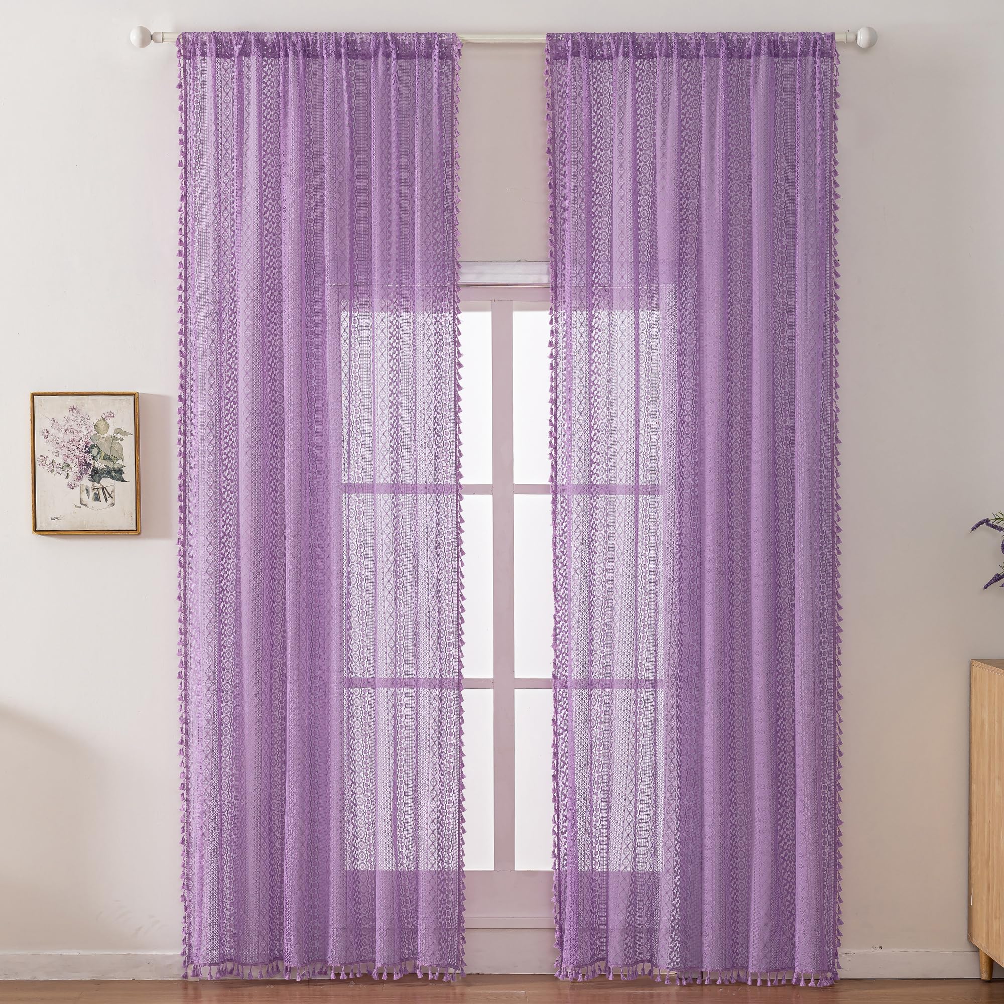 WAZZIO Boho Crochet Curtains for Living Room Lace Curtains 84 Inches Long 2 Panel, Rod Pocket Vintage Tassel Bohemian Decor Geometry Striped Light Filtering Semi Sheer Curtain Drapes for Bedroom,Beige