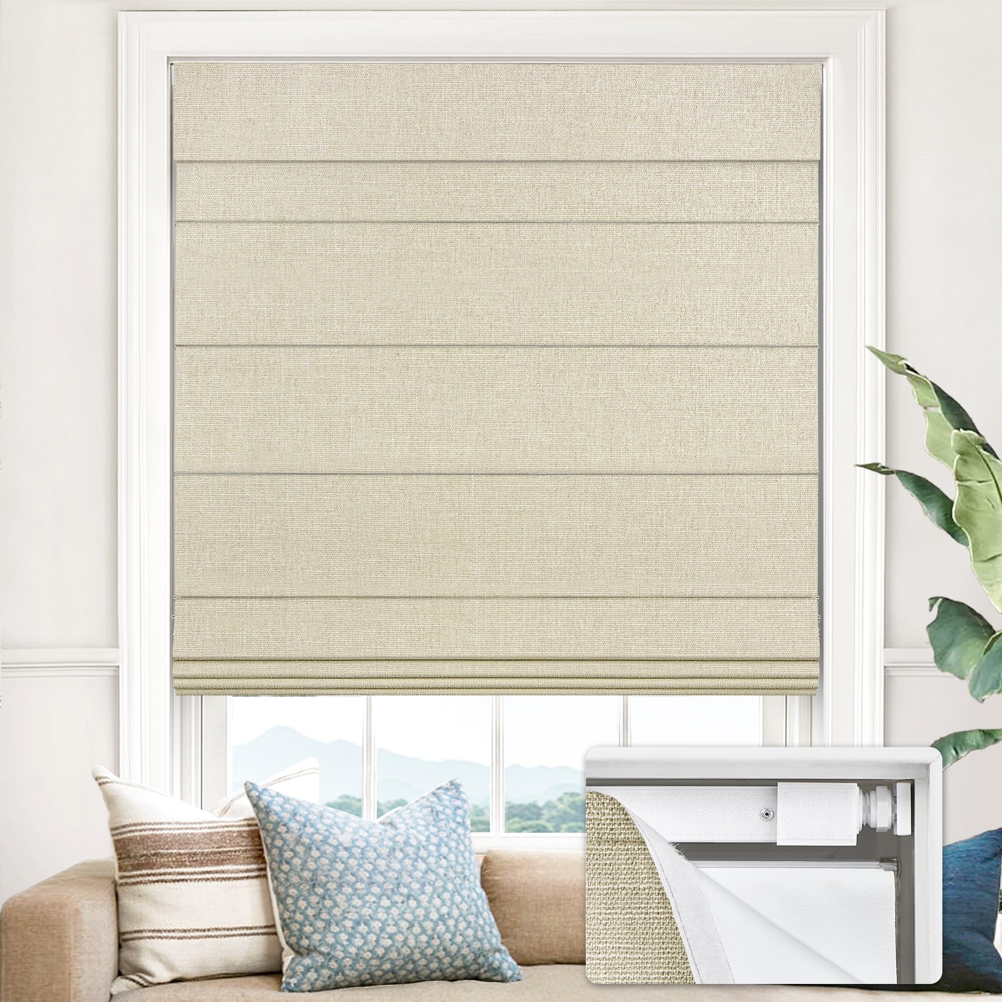 UNISHADES 100% Blackout No Tools No Drill Cordless Roman Shades for Windows, Size 34 1/4" W × 72" H (for Windows 34.5" W × 72" H) Blackout - Beige