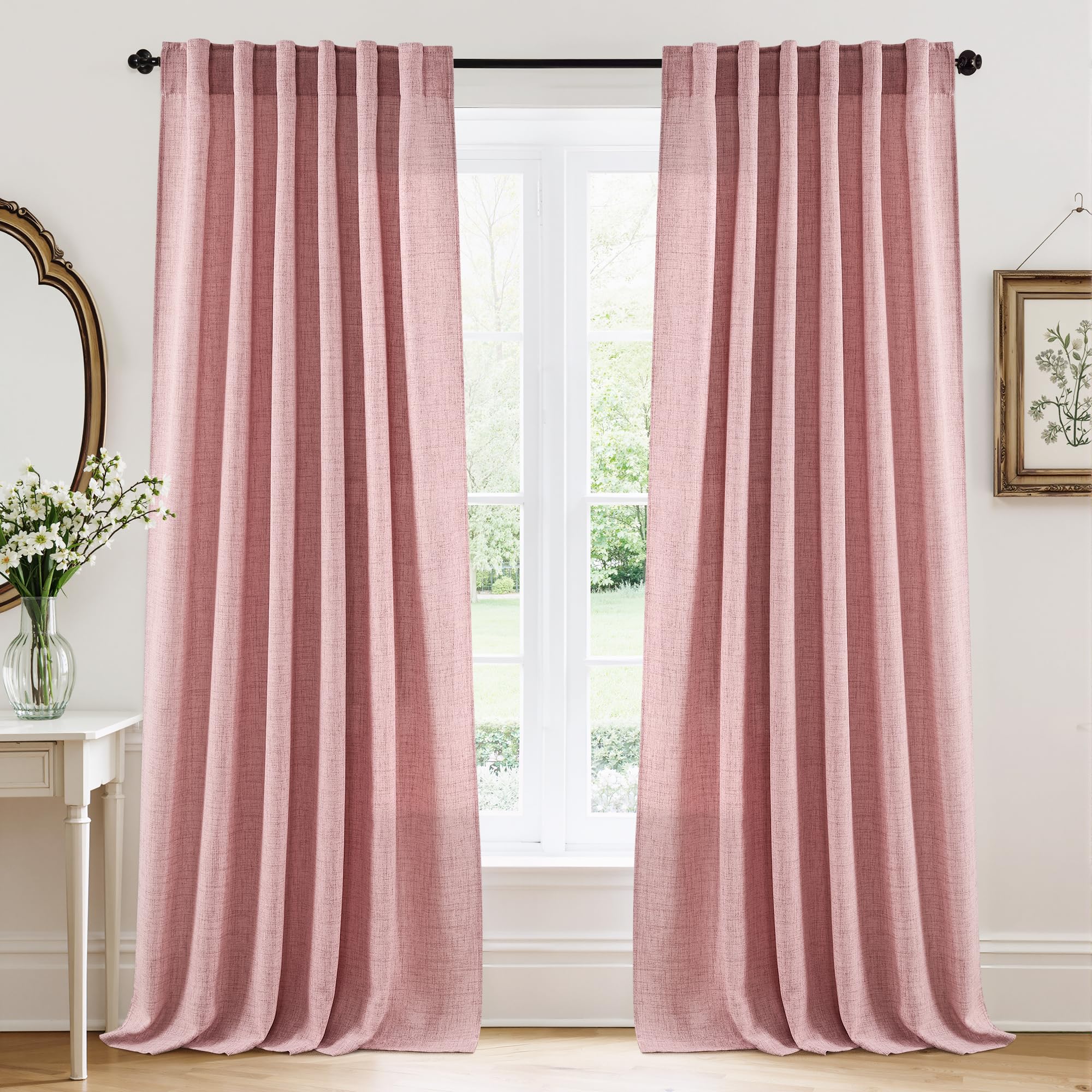RYB HOME White Sheer Curtains Linen Texture Window Panels, Semi Sheer Light Filetring Rod Pocket & Back Tab Drapes for Bedroom, 52 x 84 inches, Pack of 2