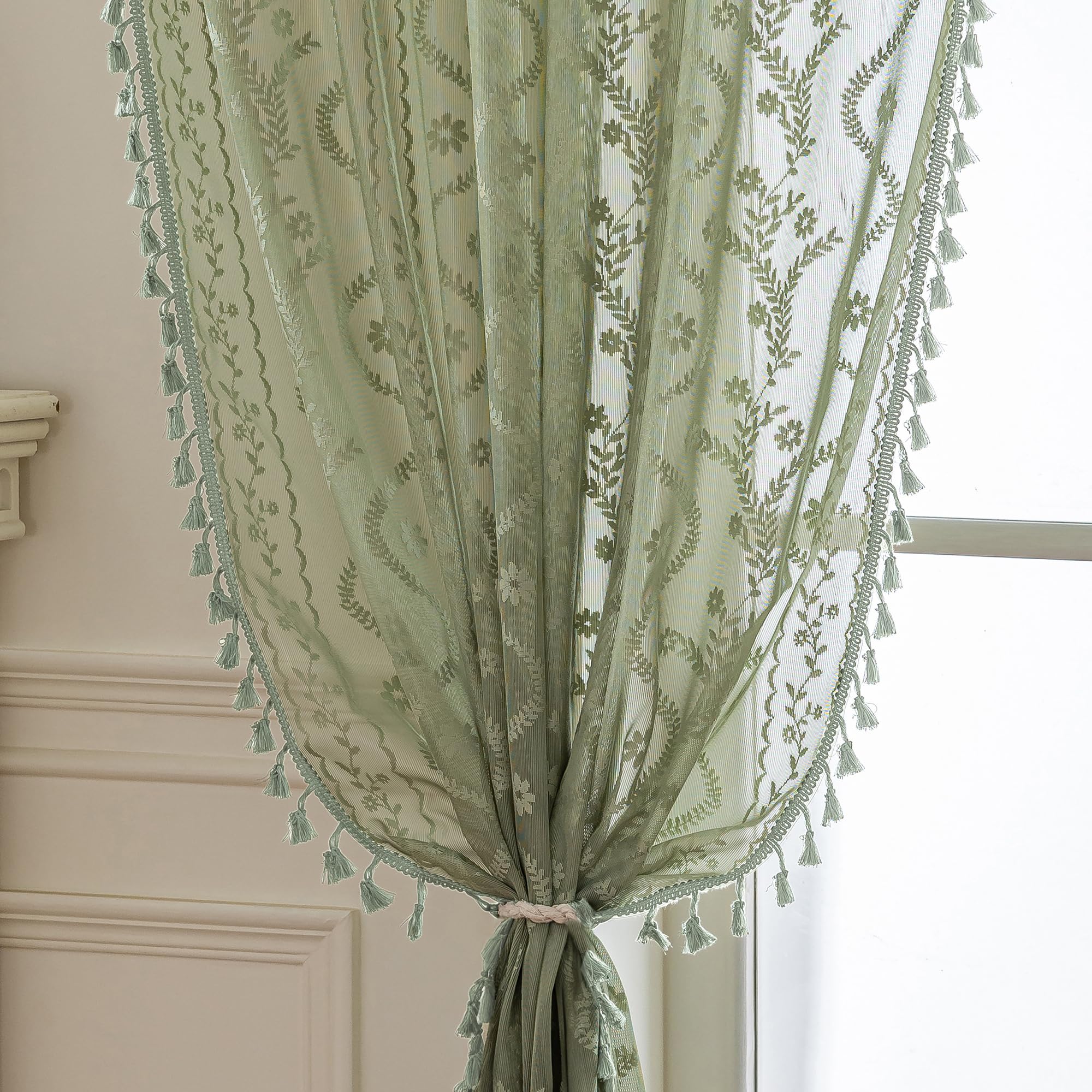WAZZIO Boho Lace Curtains 2 Panels 84 Inches Long-Cute Vintage Victorian Sheer Panels with French Country Flower Pattern & Tassel Light Filtering Privacy for Bedroom Dining Living Room,Beige