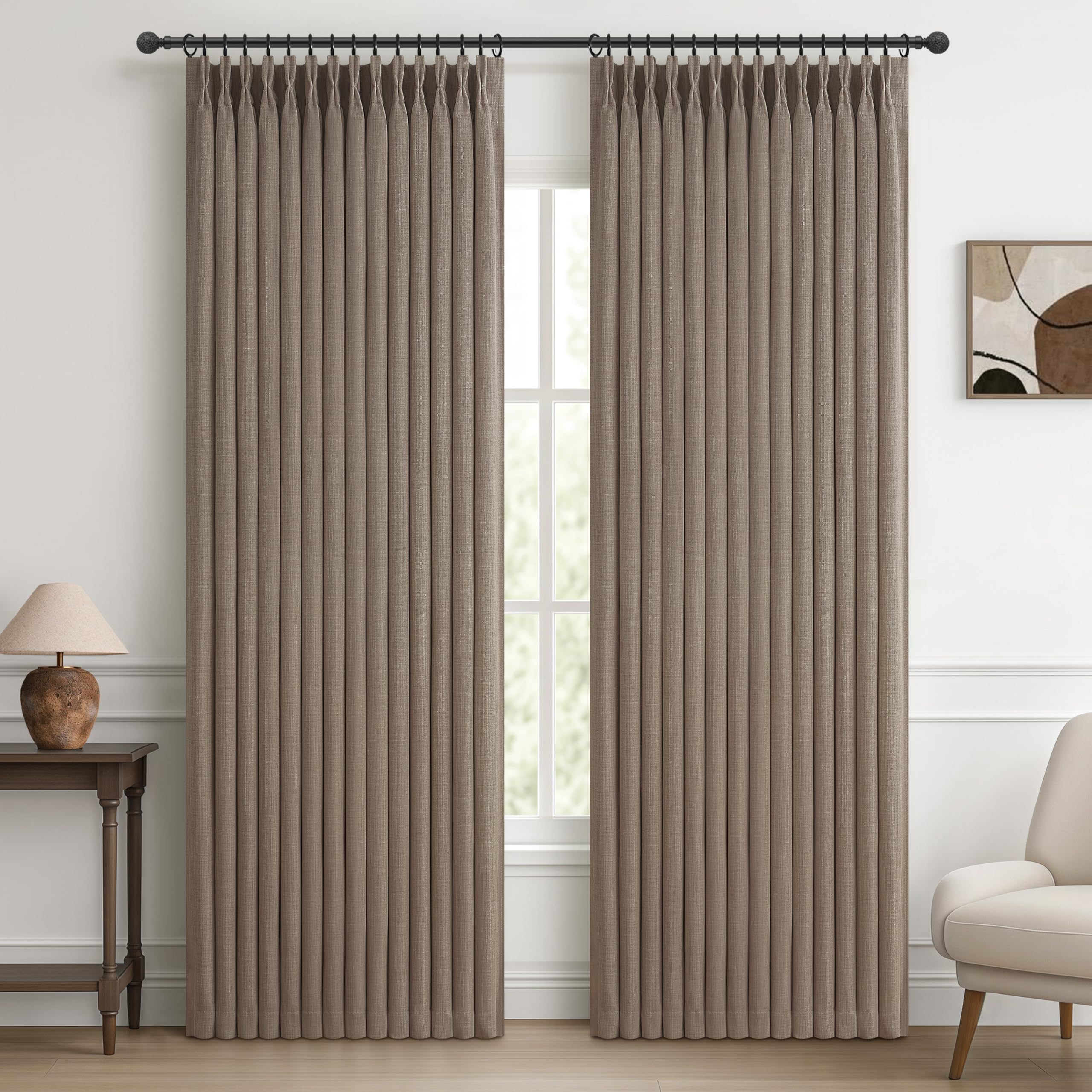 100% Blackout Linen 96 Inch Curtains 2 Panel Set for Bedroom, Modern Pinch Pleated Natural Linen Off Beige White Insulated Heavy Curtain 40 x 96 Inches Length Sliding Glass Door Room Darkening Drapes