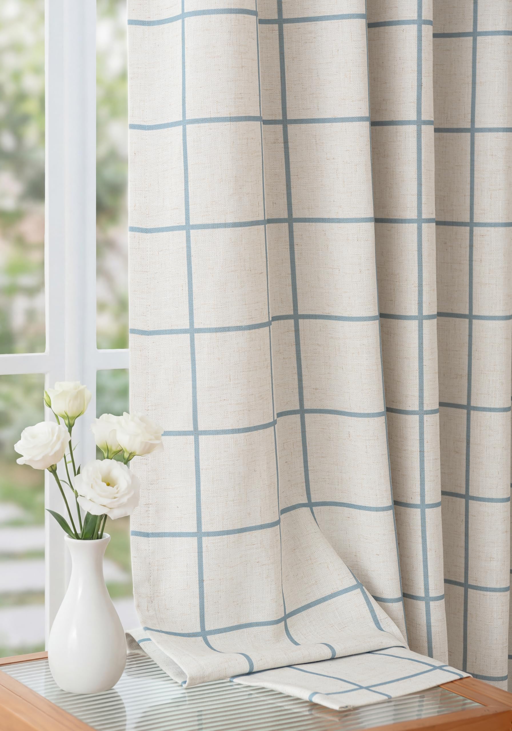 THREE GIRLS Pinch Pleated Plaid Curtains Blackout Linen Gingham Curtains for Living Room,Bedroom Checkered Patterned Insulated 84 Inches Long Double Layer 2 Panels Set Printed Design Darkening