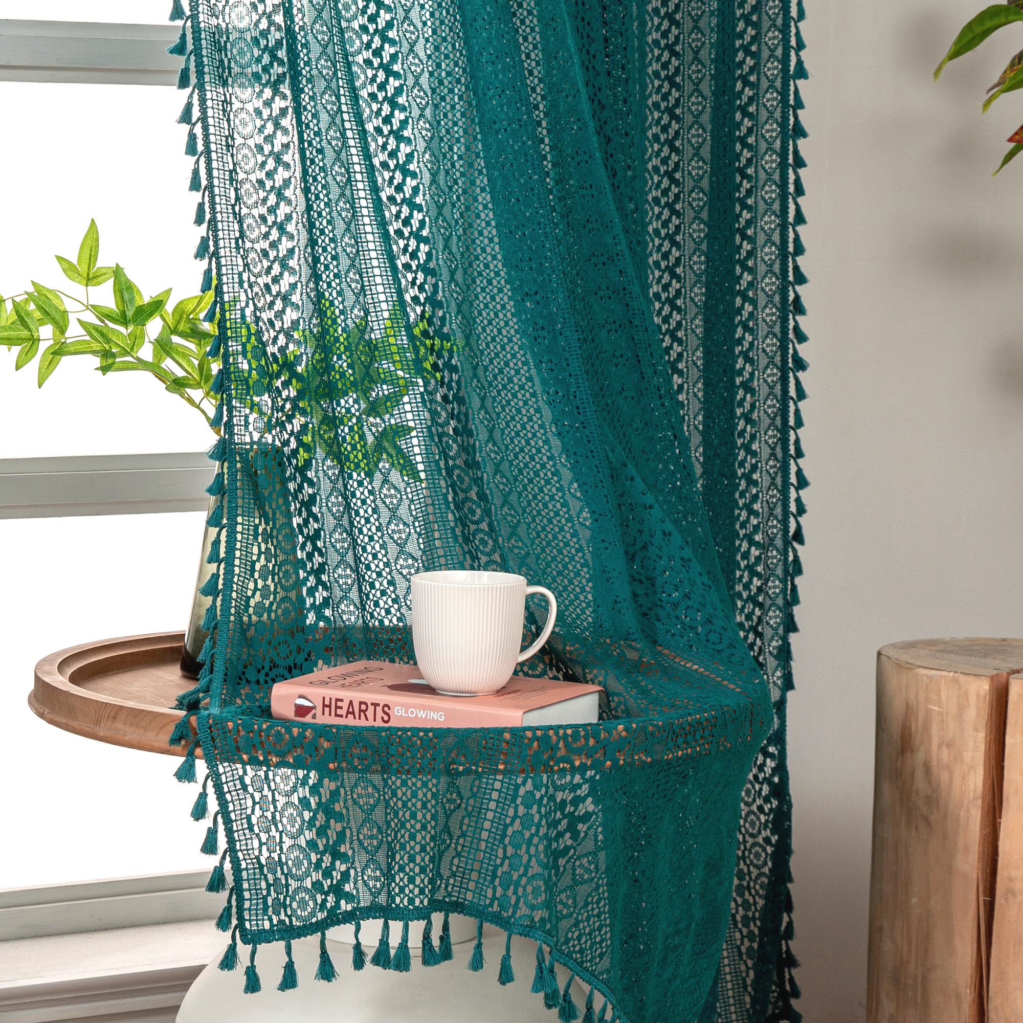 WAZZIO Boho Crochet Curtains for Living Room Lace Curtains 84 Inches Long 2 Panel, Rod Pocket Vintage Tassel Bohemian Decor Geometry Striped Light Filtering Semi Sheer Curtain Drapes for Bedroom,Beige