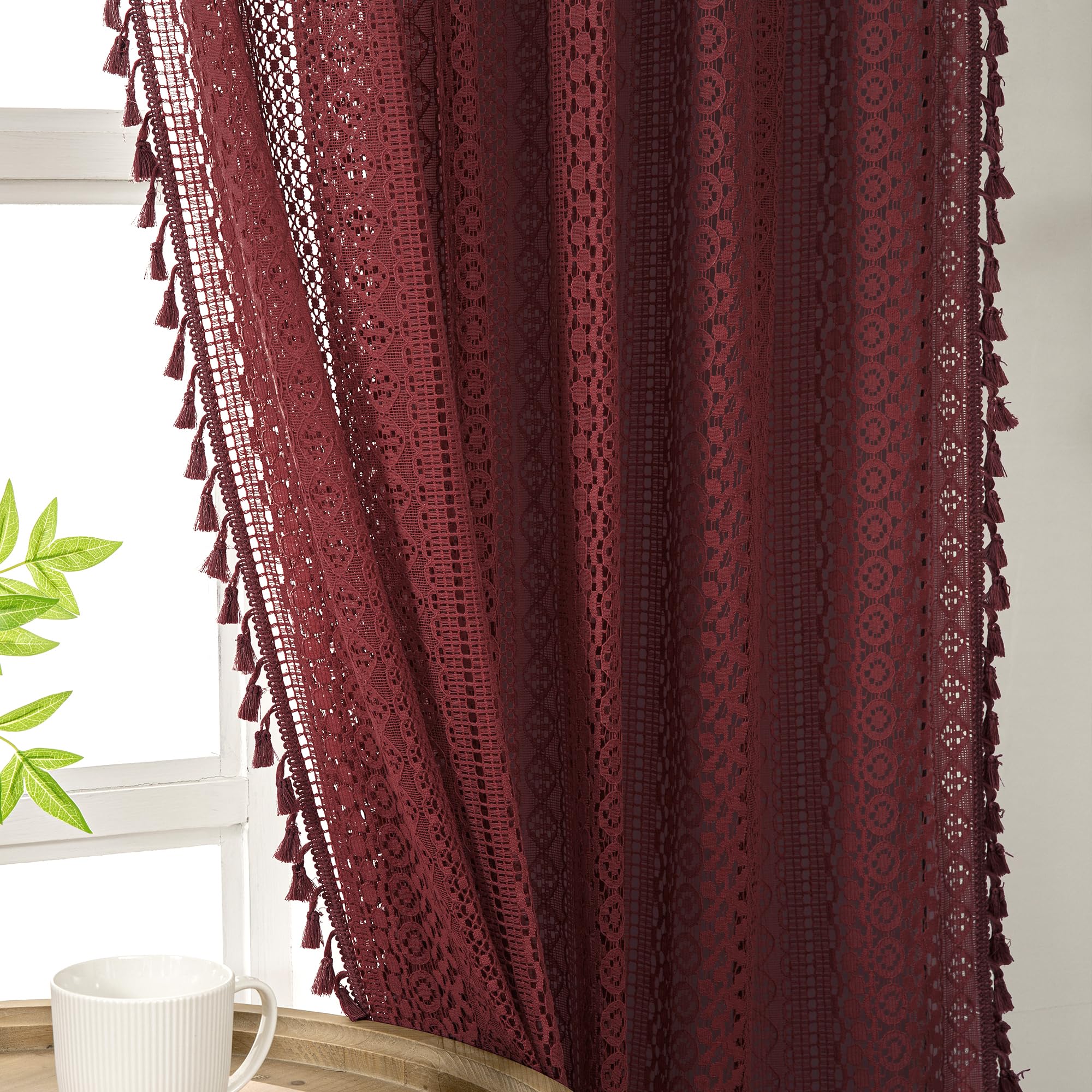 WAZZIO Boho Crochet Curtains for Living Room Lace Curtains 84 Inches Long 2 Panel, Rod Pocket Vintage Tassel Bohemian Decor Geometry Striped Light Filtering Semi Sheer Curtain Drapes for Bedroom,Beige