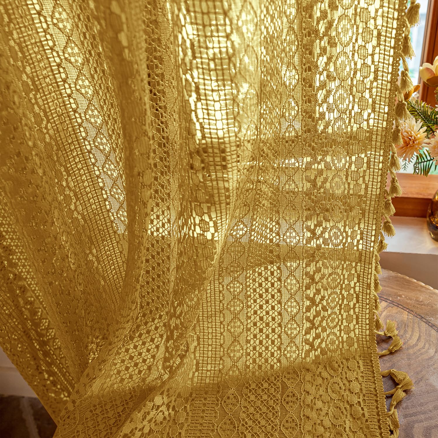 WAZZIO Boho Crochet Curtains for Living Room Lace Curtains 84 Inches Long 2 Panel, Rod Pocket Vintage Tassel Bohemian Decor Geometry Striped Light Filtering Semi Sheer Curtain Drapes for Bedroom,Beige
