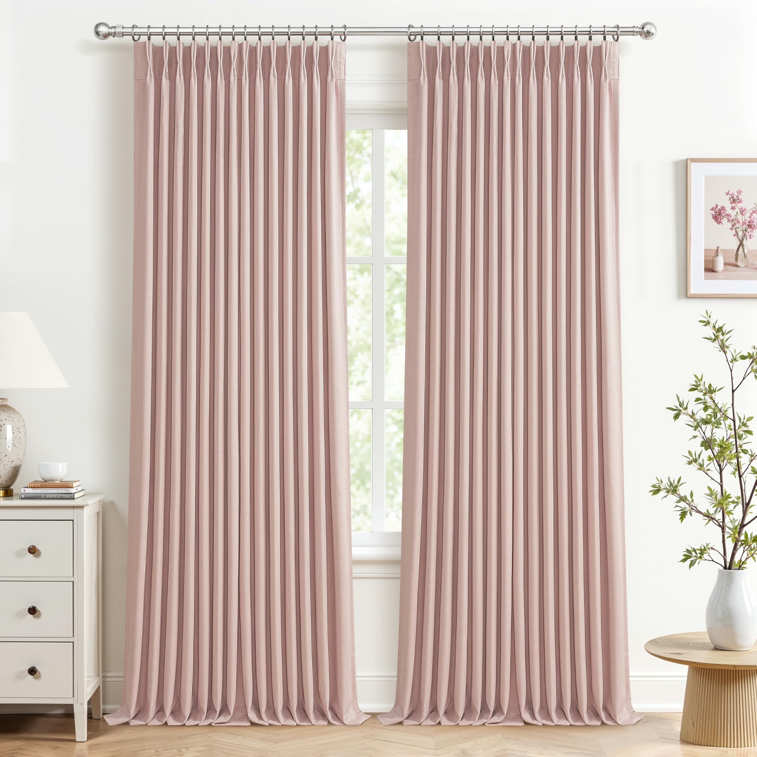 100% Blackout Linen 96 Inch Curtains 2 Panel Set for Bedroom, Modern Pinch Pleated Natural Linen Off Beige White Insulated Heavy Curtain 40 x 96 Inches Length Sliding Glass Door Room Darkening Drapes