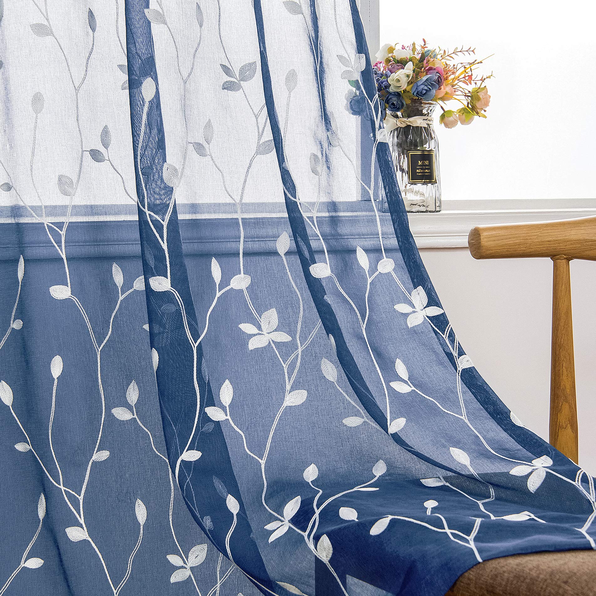 AmHoo 2 Panels Embroidered Leaf Pattern Semi Sheer Curtains Foliage Floral Voile Window Draperies Treatment for Bedroom Living Room Rod Pocket White Sage Green 53 x 84 Inch