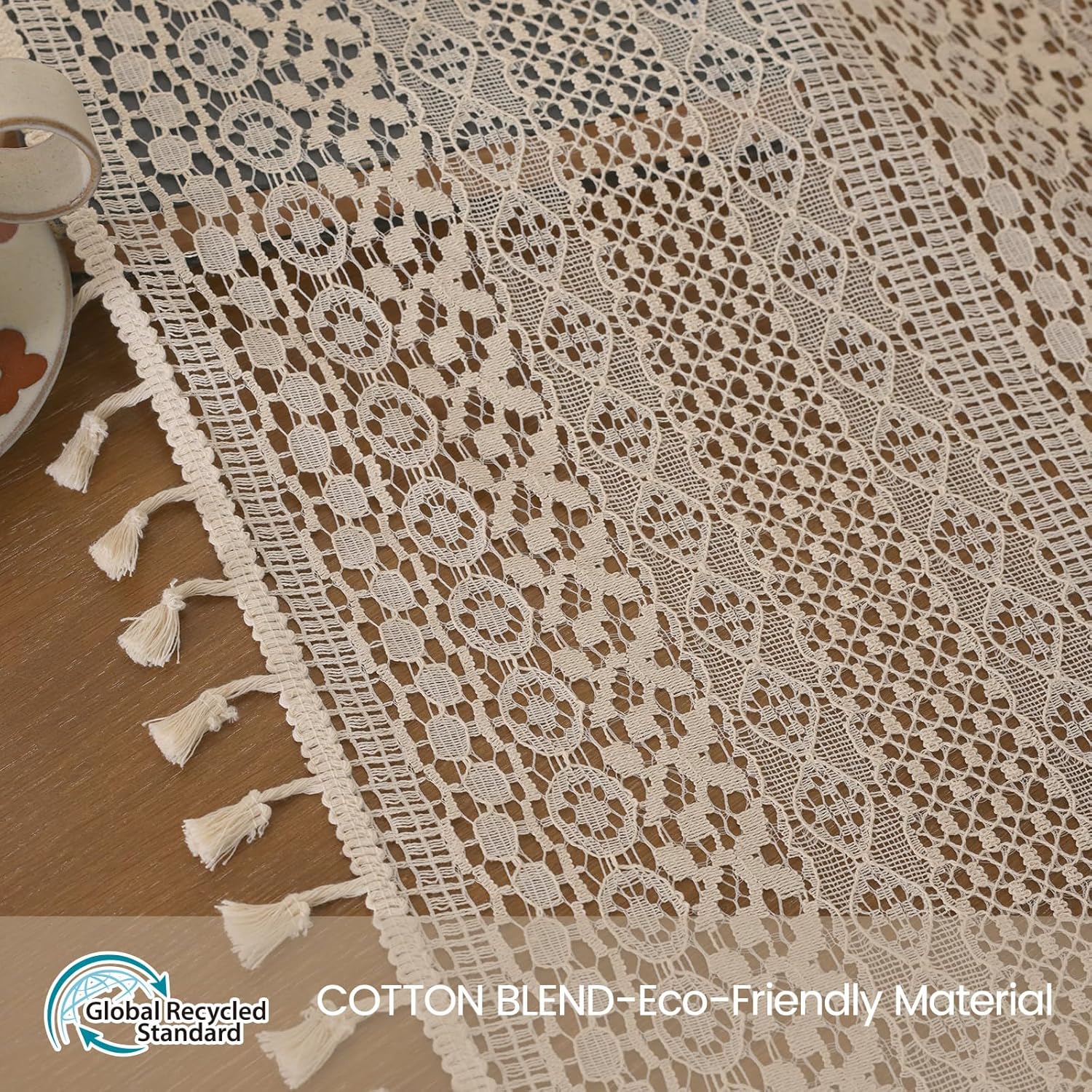 WAZZIO Boho Crochet Curtains for Living Room Lace Curtains 84 Inches Long 2 Panel, Rod Pocket Vintage Tassel Bohemian Decor Geometry Striped Light Filtering Semi Sheer Curtain Drapes for Bedroom,Beige