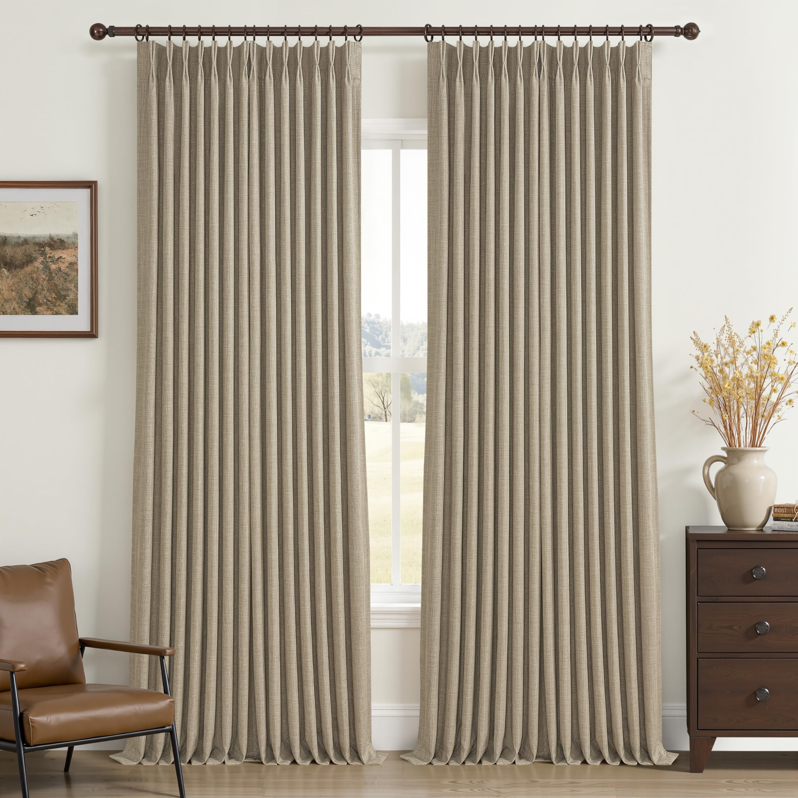 100% Blackout Linen 96 Inch Curtains 2 Panel Set for Bedroom, Modern Pinch Pleated Natural Linen Off Beige White Insulated Heavy Curtain 40 x 96 Inches Length Sliding Glass Door Room Darkening Drapes