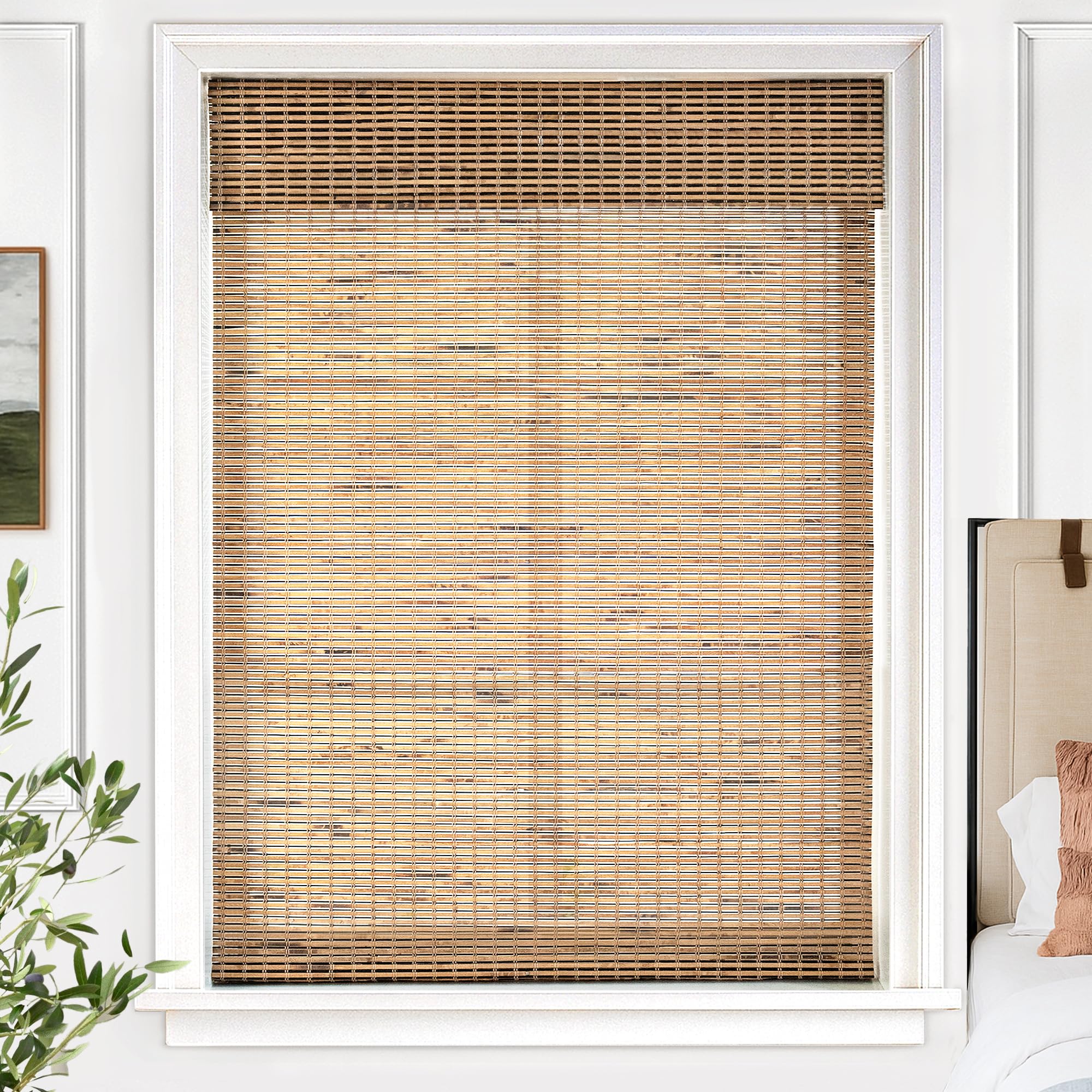 UNISHADES Cordless Bamboo Roman Shades for Windows, Blinds Size (30.5" W ×48" H) Colour (Highfield Teak)