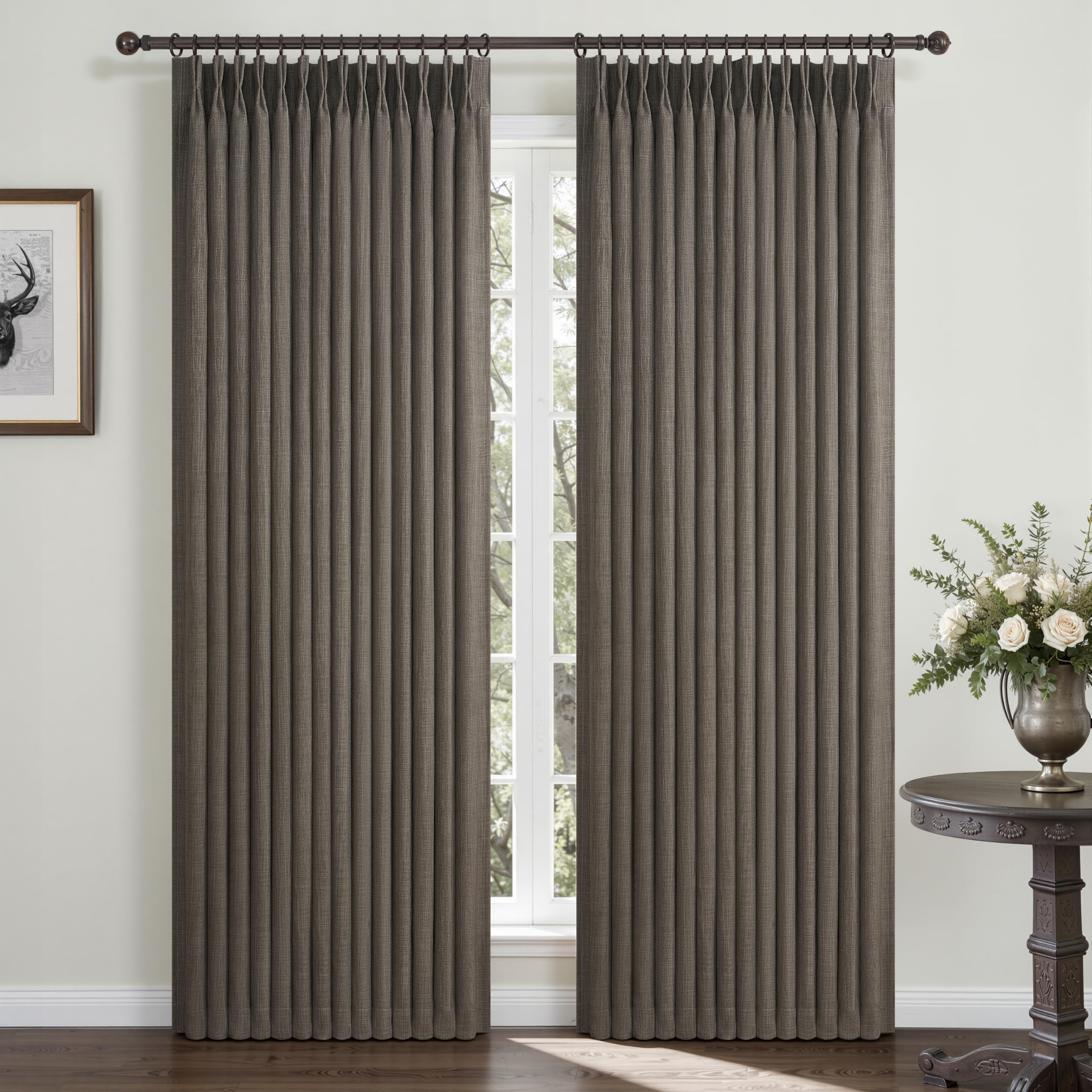 100% Blackout Linen 96 Inch Curtains 2 Panel Set for Bedroom, Modern Pinch Pleated Natural Linen Off Beige White Insulated Heavy Curtain 40 x 96 Inches Length Sliding Glass Door Room Darkening Drapes