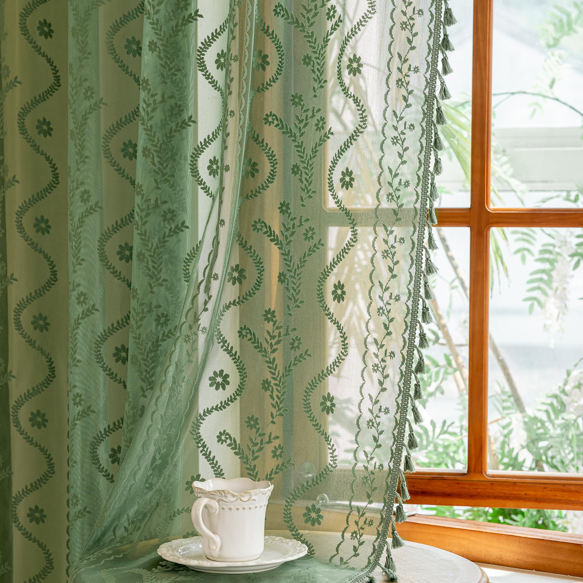 WAZZIO Boho Lace Curtains 2 Panels 84 Inches Long-Cute Vintage Victorian Sheer Panels with French Country Flower Pattern & Tassel Light Filtering Privacy for Bedroom Dining Living Room,Beige