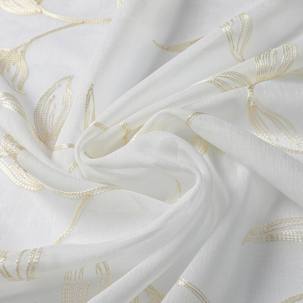 VISIONTEX Sheer Curtains 84 Inches Long 2 Panels Set Cream Beige Embroidered Floral Leaf Pattern Rod Pocket Semi Sheer Voile Window Curtains/Drapes for Bedroom Living Room 54 x 84 Inches