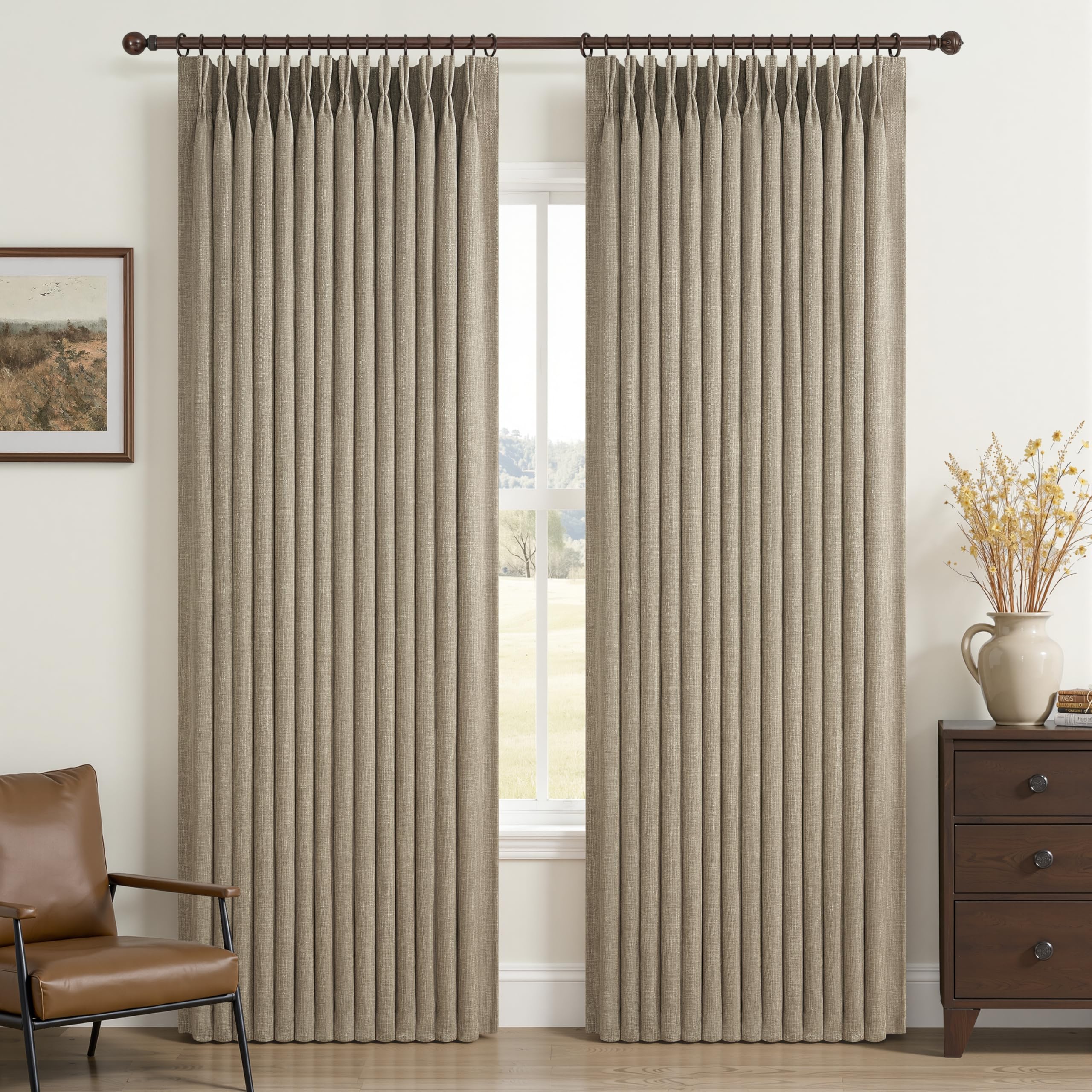 100% Blackout Linen 96 Inch Curtains 2 Panel Set for Bedroom, Modern Pinch Pleated Natural Linen Off Beige White Insulated Heavy Curtain 40 x 96 Inches Length Sliding Glass Door Room Darkening Drapes