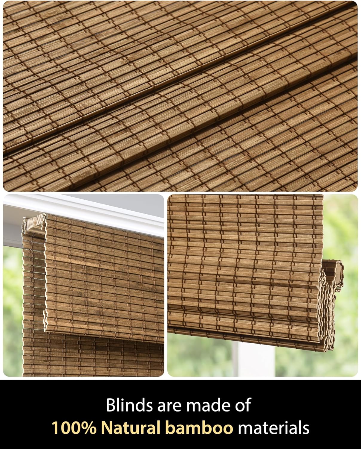 UNISHADES Cordless Bamboo Roman Shades for Windows, Blinds Size (26.5" W ×48" H) Colour (Highfield Teak)