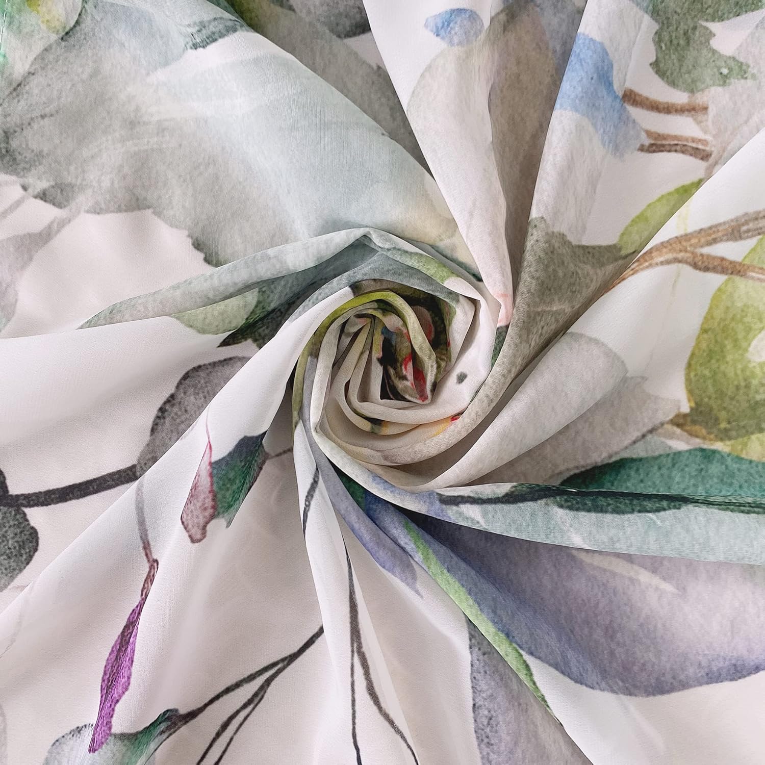 Green Eucalyptus Leaves Sheer Curtains for Living Room 84 inch Length 2 Panels Set Elegant Wild Flower Floral Spring Printed Window Curtain Natural Chiffon Drapes for Bedroom