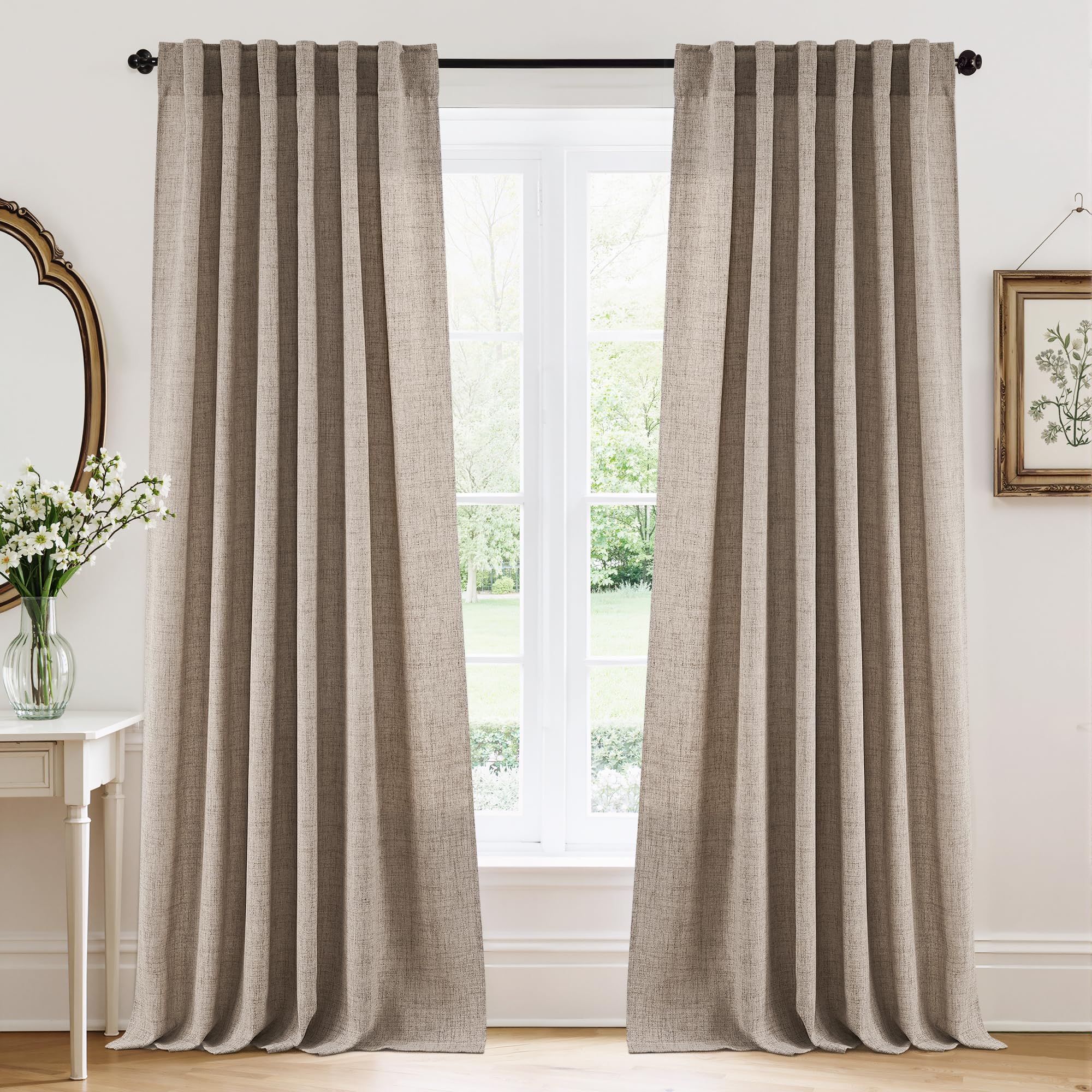 RYB HOME White Sheer Curtains Linen Texture Window Panels, Semi Sheer Light Filetring Rod Pocket & Back Tab Drapes for Bedroom, 52 x 84 inches, Pack of 2