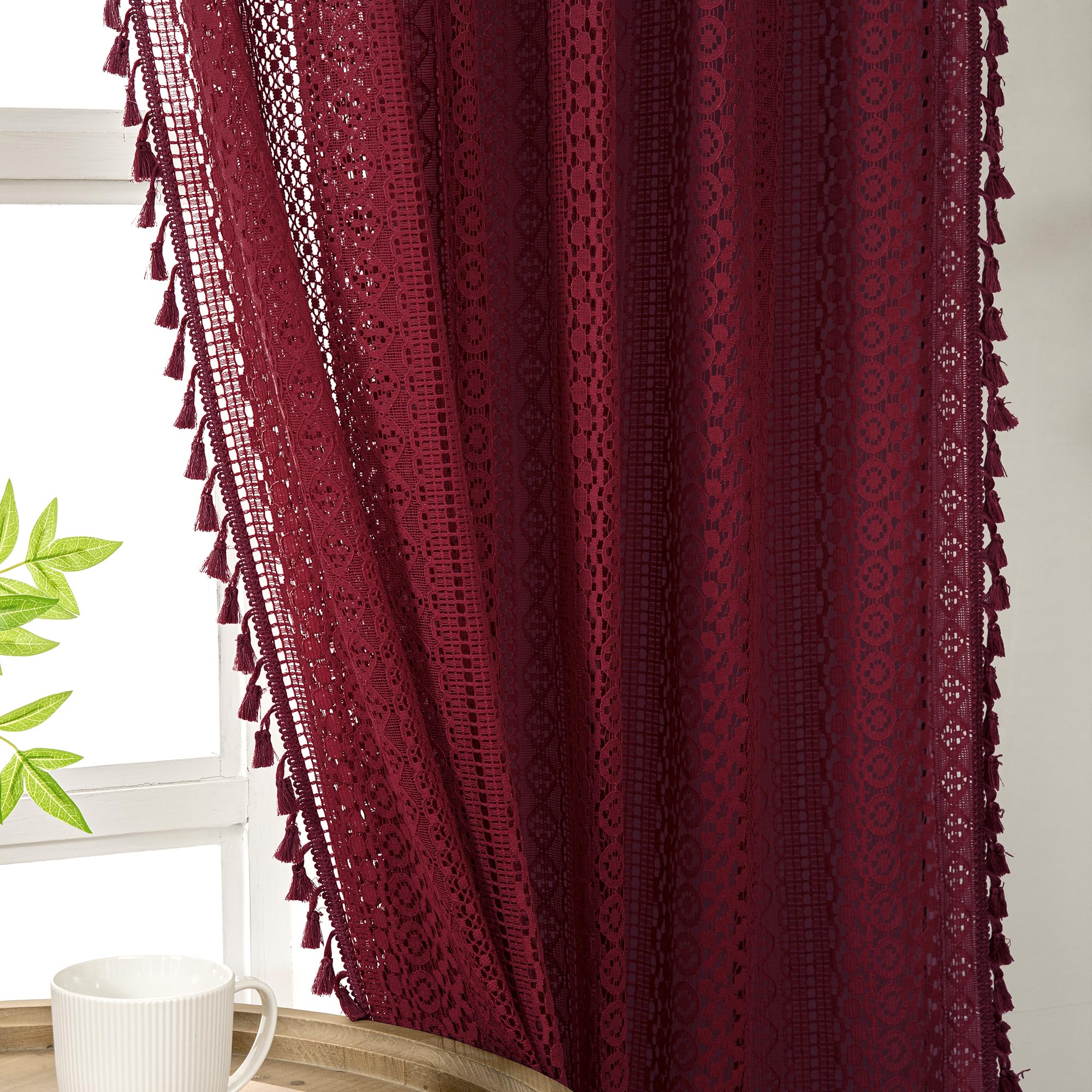 WAZZIO Boho Crochet Curtains for Living Room Lace Curtains 84 Inches Long 2 Panel, Rod Pocket Vintage Tassel Bohemian Decor Geometry Striped Light Filtering Semi Sheer Curtain Drapes for Bedroom,Beige
