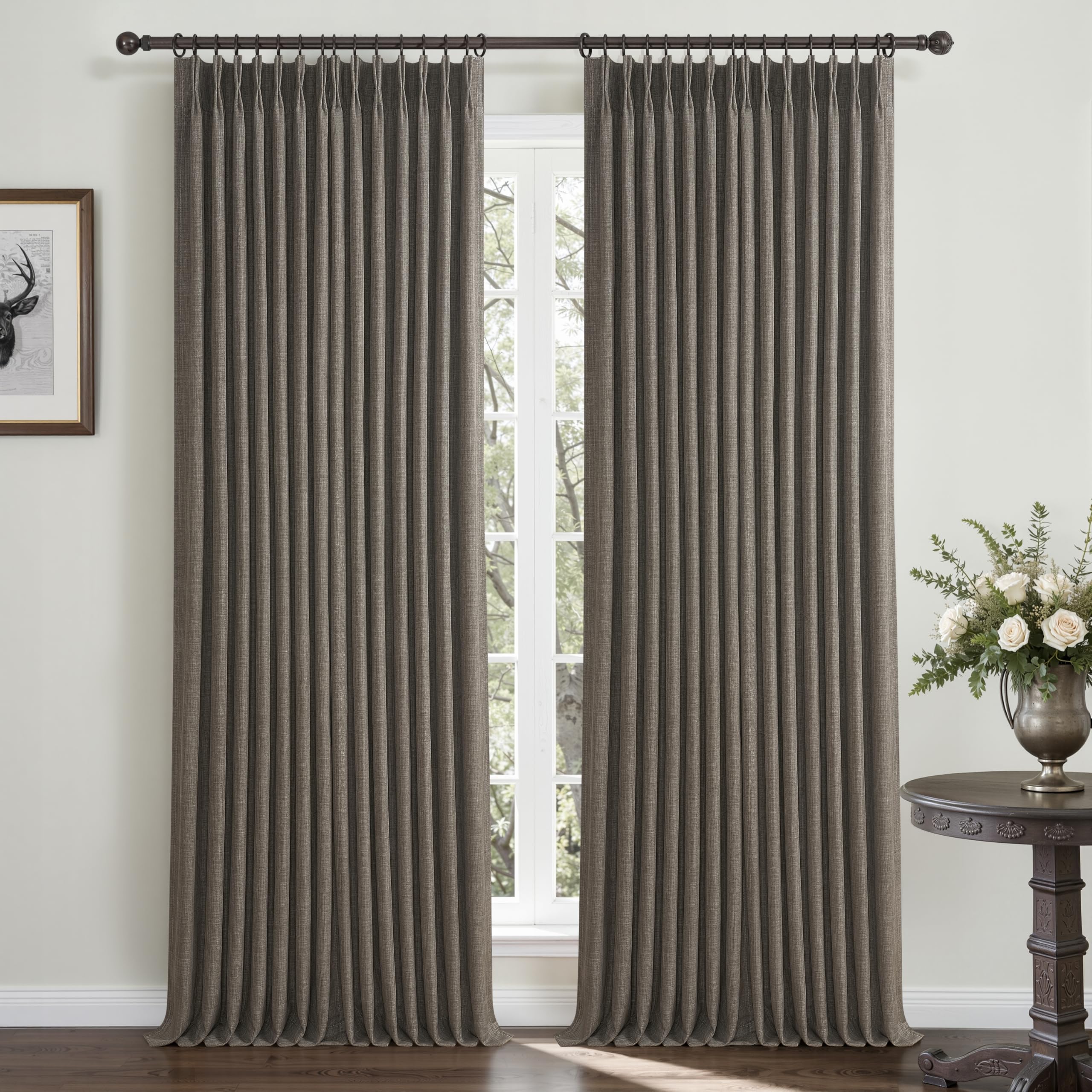 100% Blackout Linen 96 Inch Curtains 2 Panel Set for Bedroom, Modern Pinch Pleated Natural Linen Off Beige White Insulated Heavy Curtain 40 x 96 Inches Length Sliding Glass Door Room Darkening Drapes