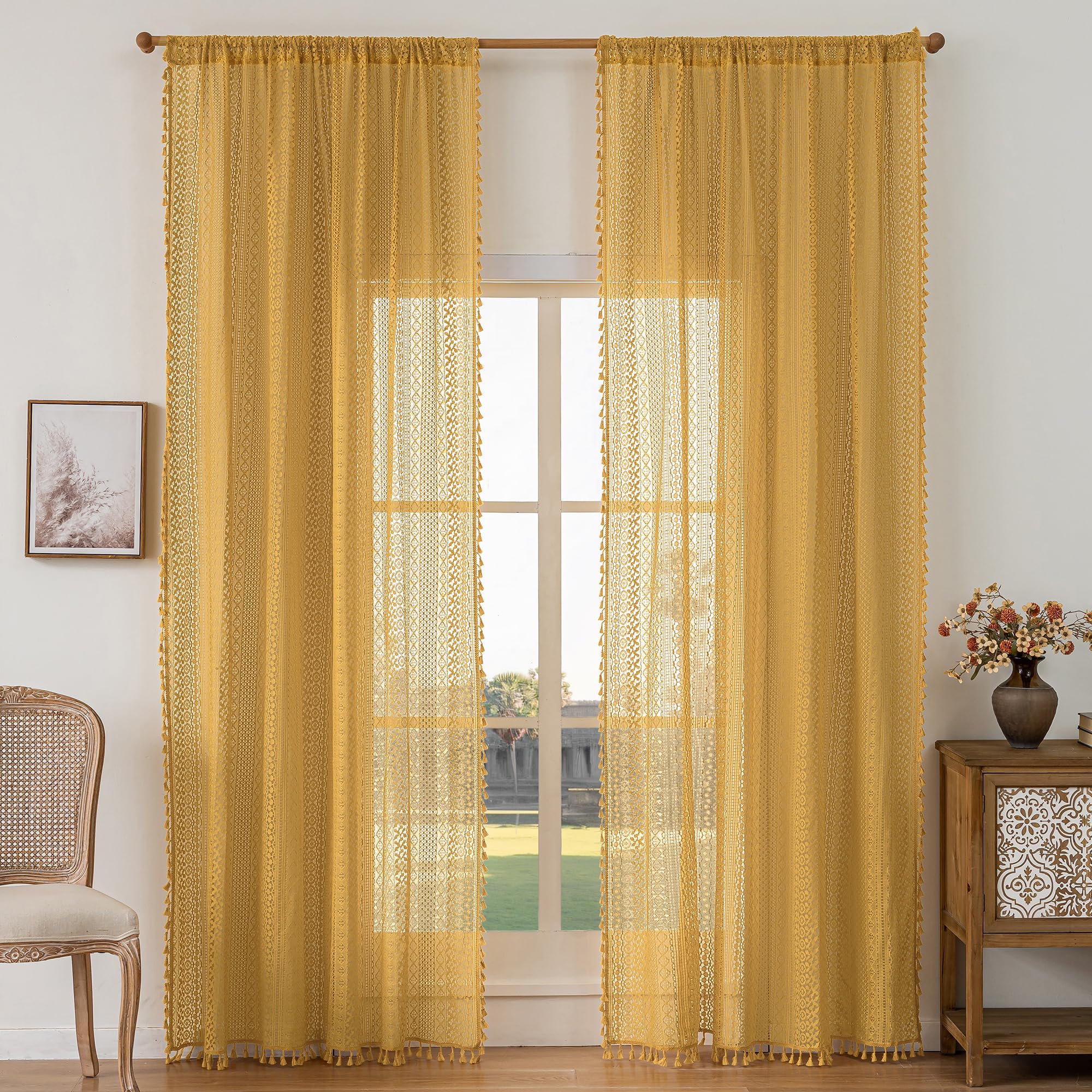 WAZZIO Boho Crochet Curtains for Living Room Lace Curtains 84 Inches Long 2 Panel, Rod Pocket Vintage Tassel Bohemian Decor Geometry Striped Light Filtering Semi Sheer Curtain Drapes for Bedroom,Beige