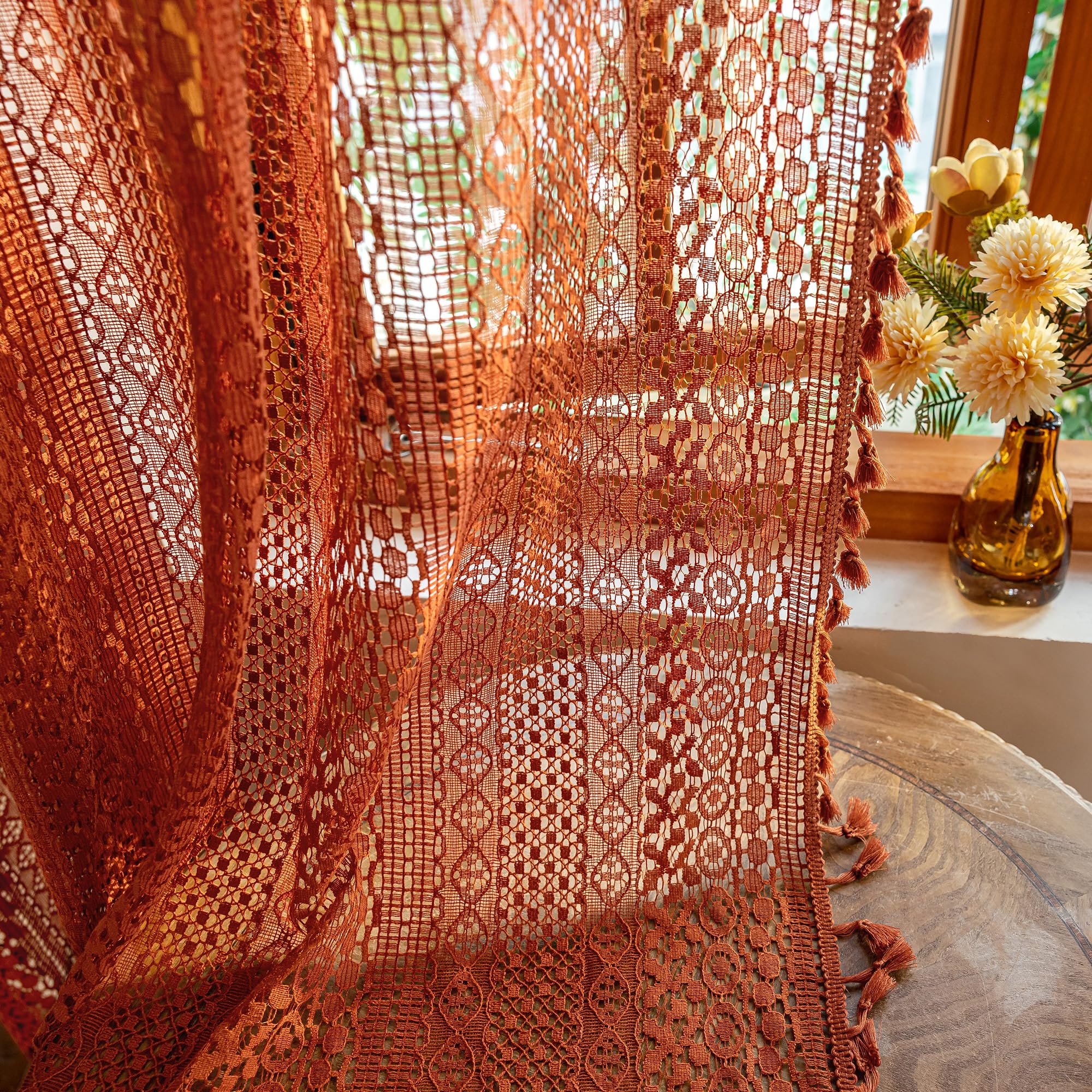 WAZZIO Boho Crochet Curtains for Living Room Lace Curtains 84 Inches Long 2 Panel, Rod Pocket Vintage Tassel Bohemian Decor Geometry Striped Light Filtering Semi Sheer Curtain Drapes for Bedroom,Beige